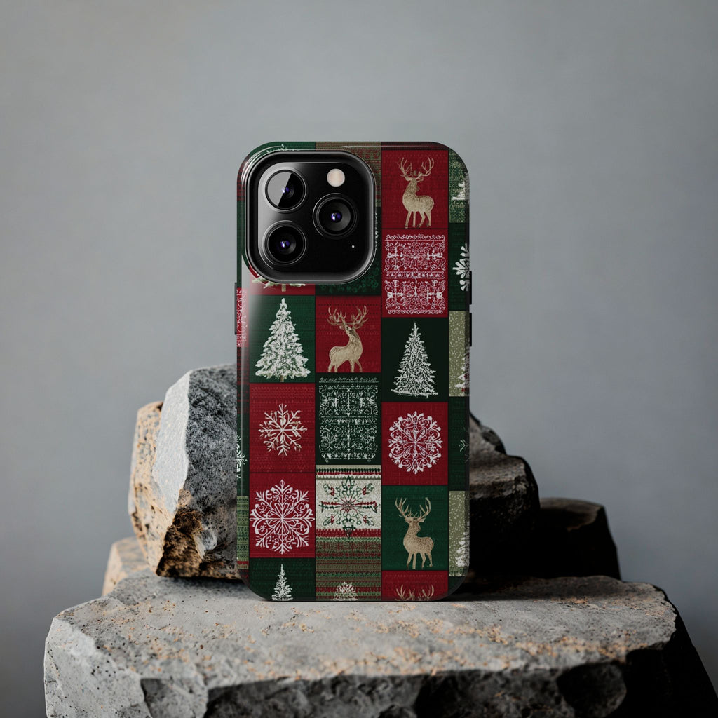 Festive Deer Pattern Phone Case — Red & Green Plaid with Snowflakes