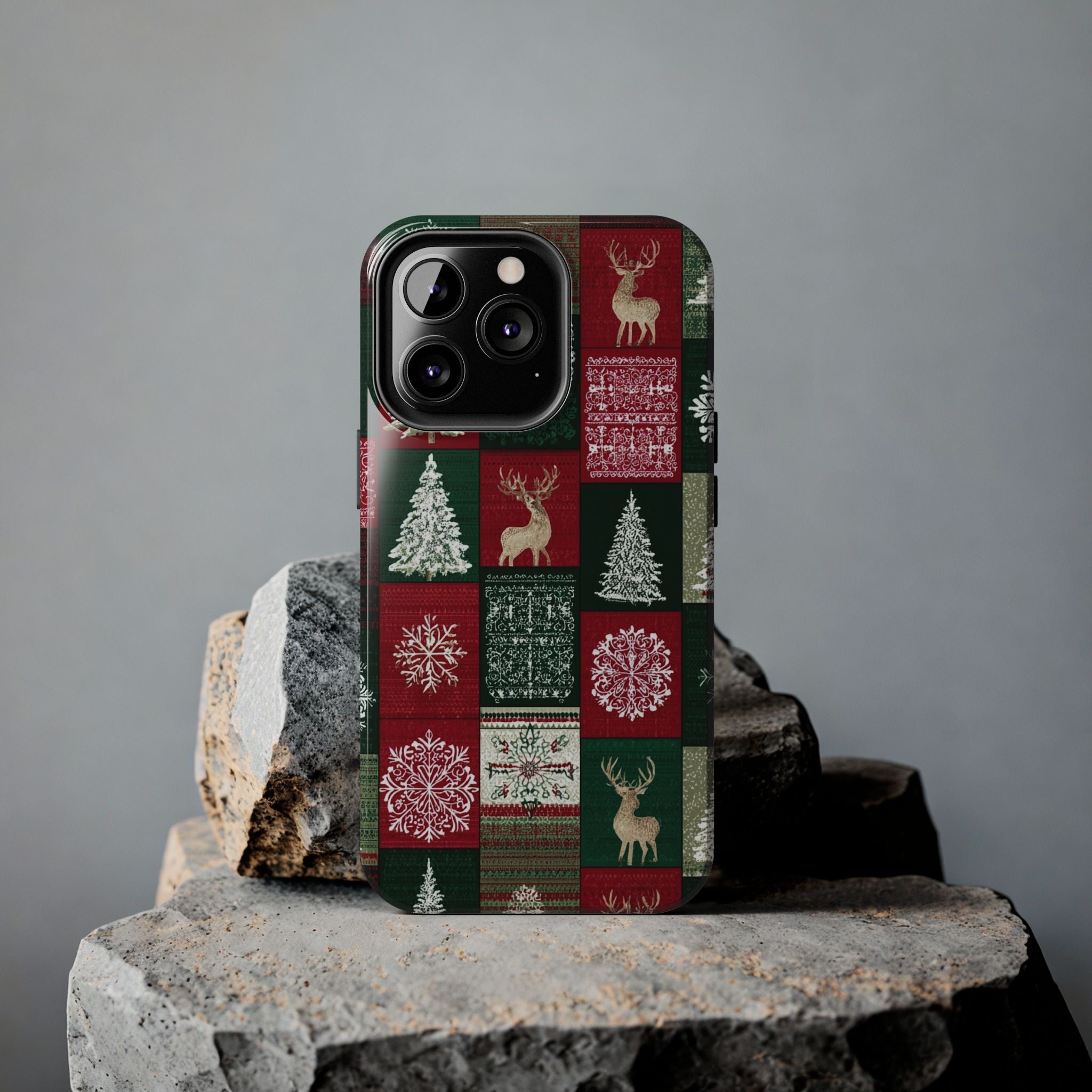 Festive Deer Pattern Phone Case — Red & Green Plaid with Snowflakes
