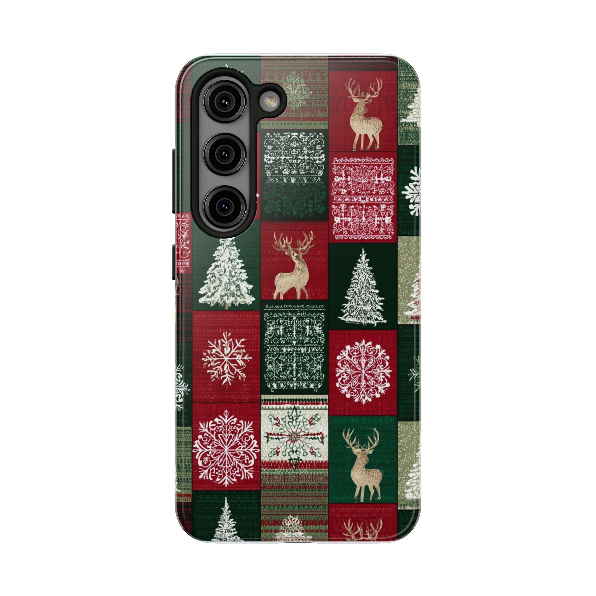 Festive Deer Pattern Phone Case — Red & Green Plaid with Snowflakes
