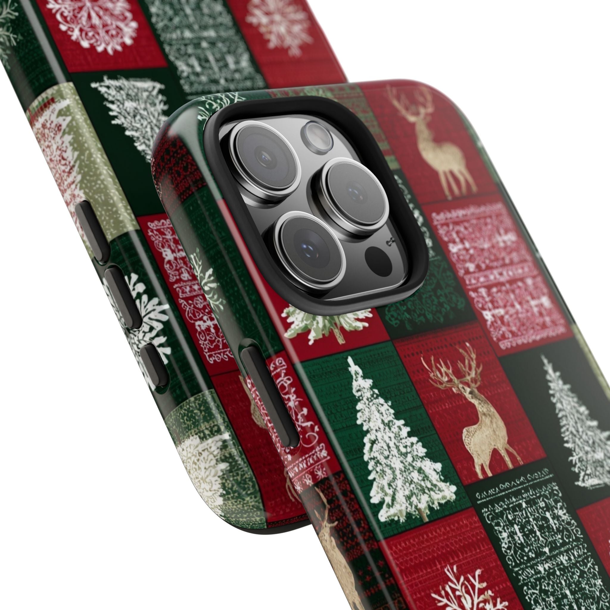 Festive Deer Pattern Phone Case — Red & Green Plaid with Snowflakes