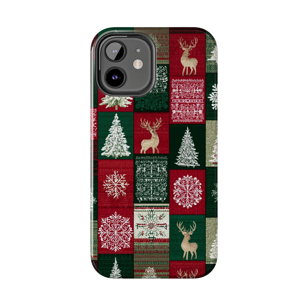 Festive Deer Pattern Phone Case — Red & Green Plaid with Snowflakes
