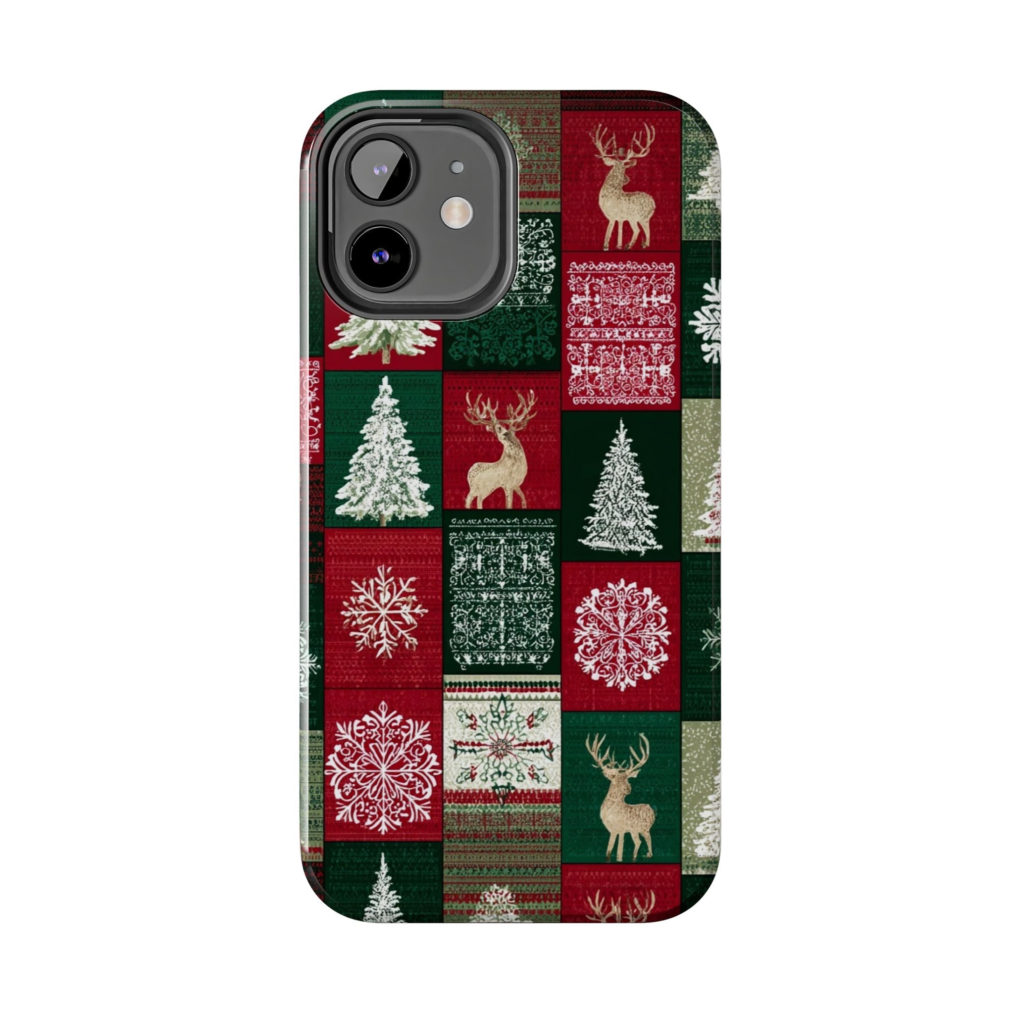 Festive Deer Pattern Phone Case — Red & Green Plaid with Snowflakes