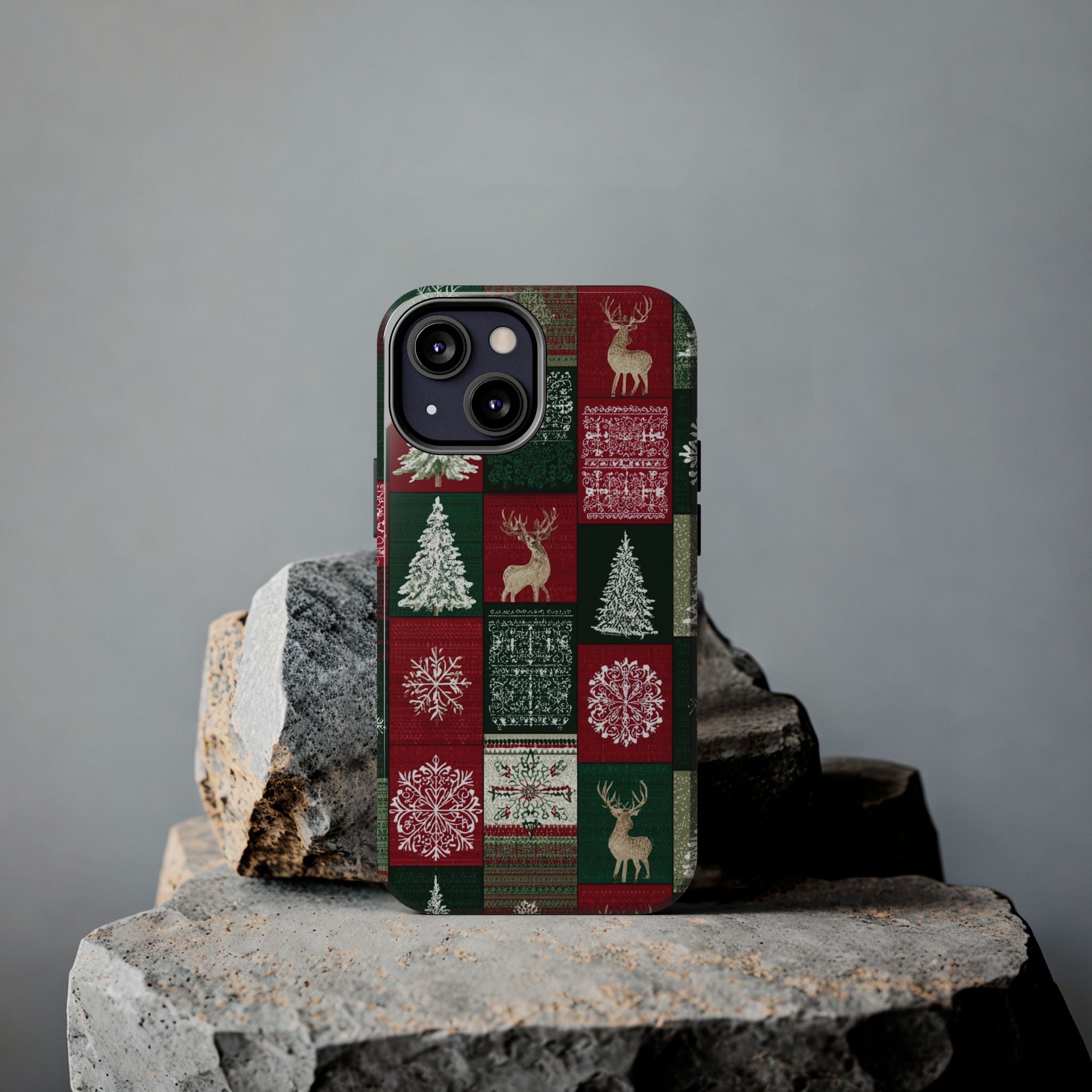 Festive Deer Pattern Phone Case — Red & Green Plaid with Snowflakes