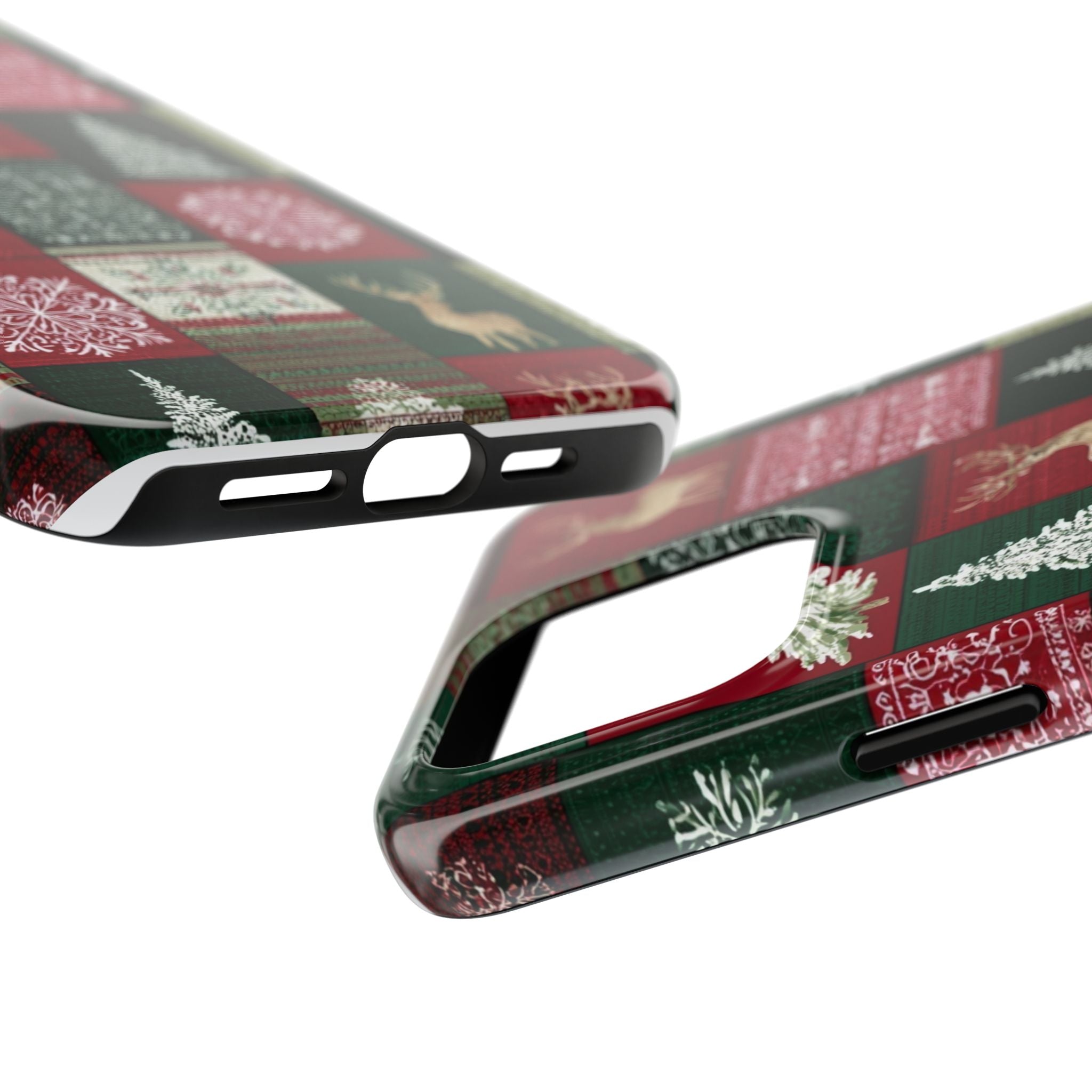 Festive Deer Pattern Phone Case — Red & Green Plaid with Snowflakes