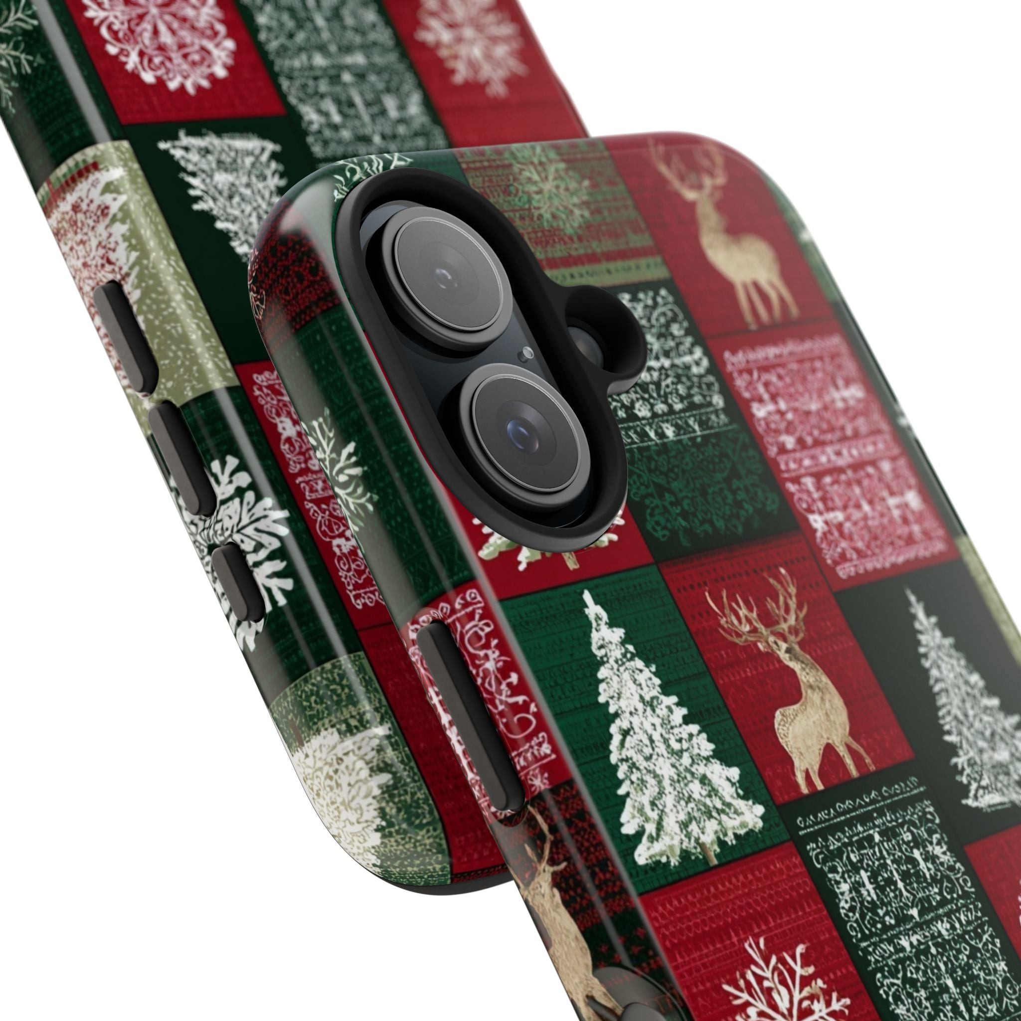 Festive Deer Pattern Phone Case — Red & Green Plaid with Snowflakes
