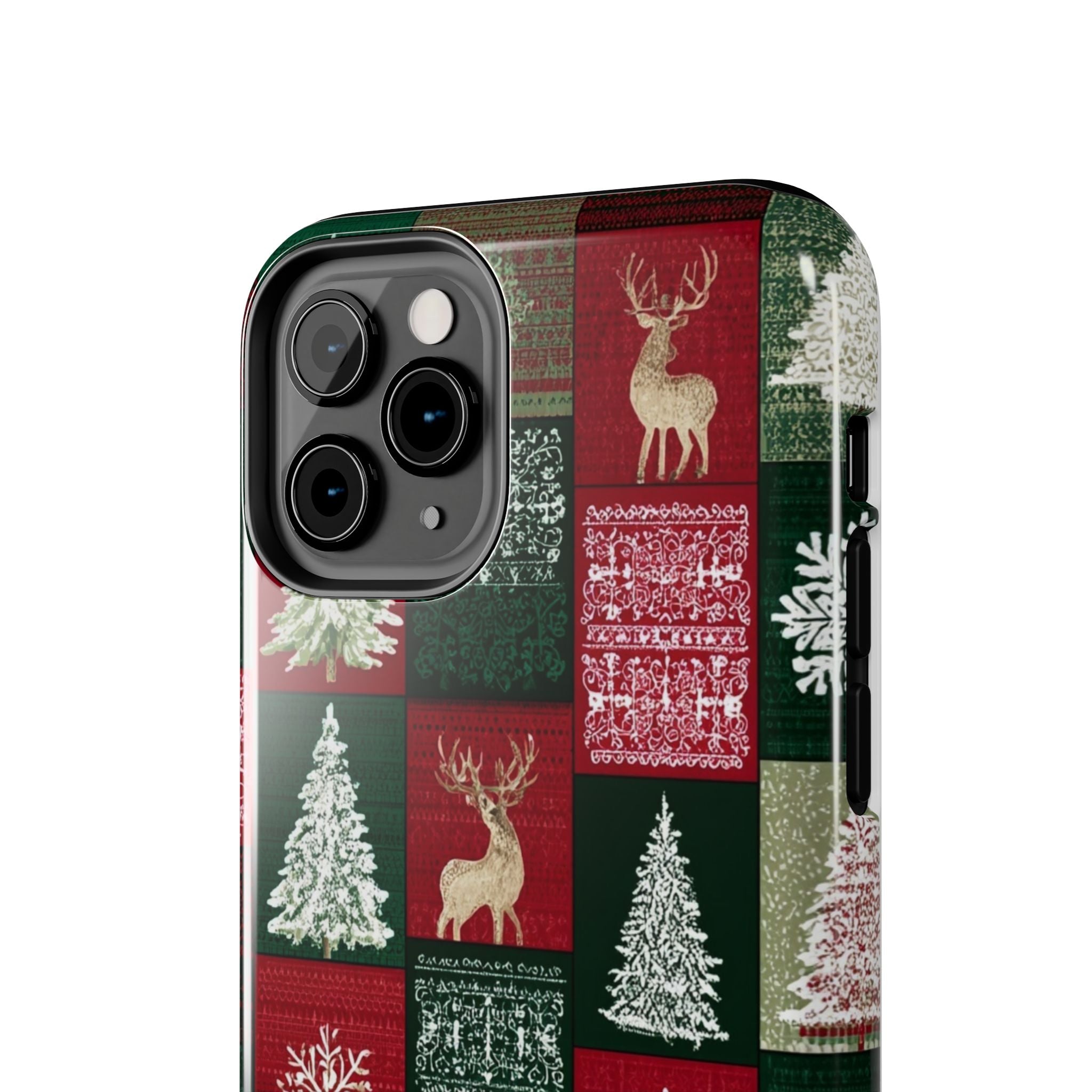 Festive Deer Pattern Phone Case — Red & Green Plaid with Snowflakes