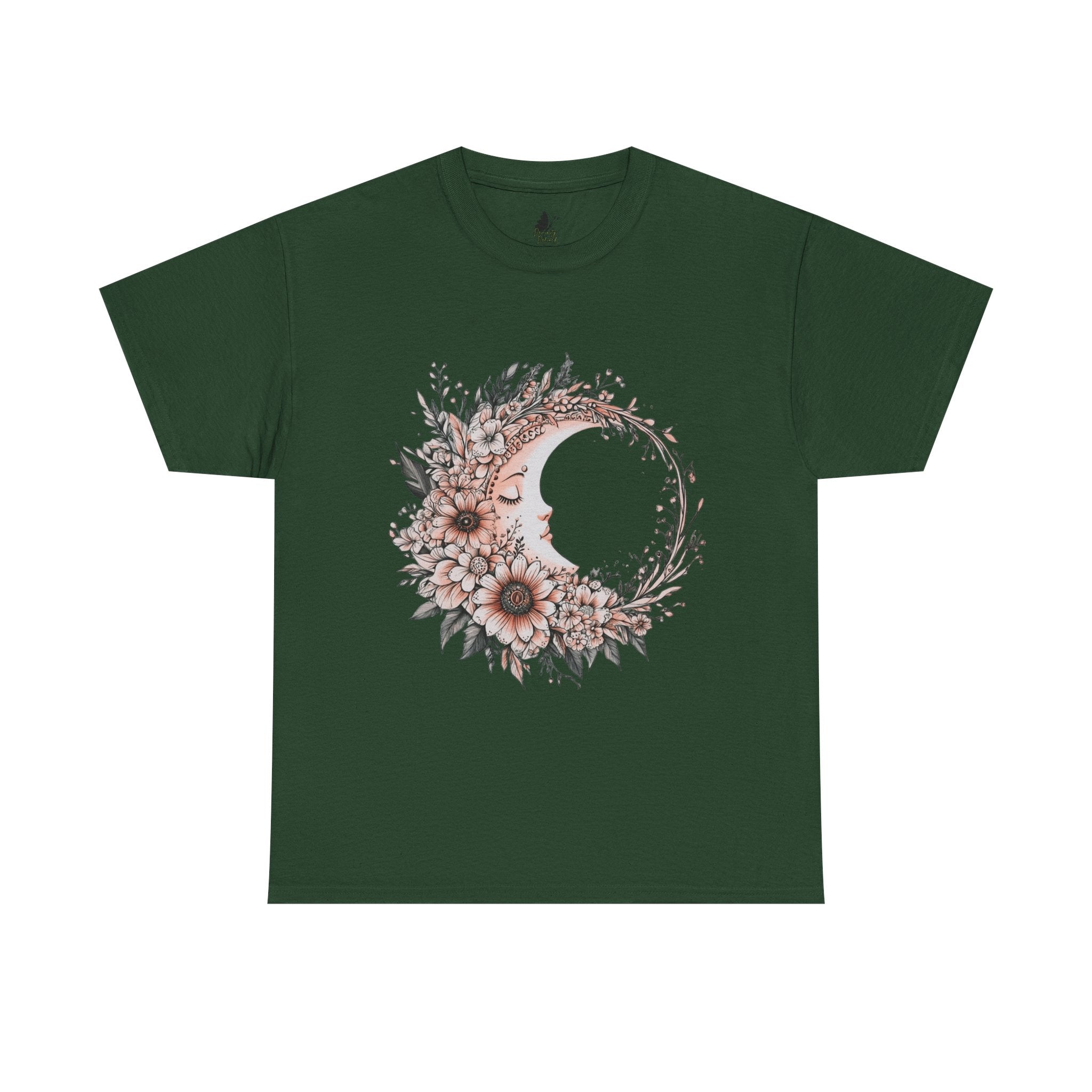Boho Moon Floral Tee — Pink Moon with Flowers & Leaves