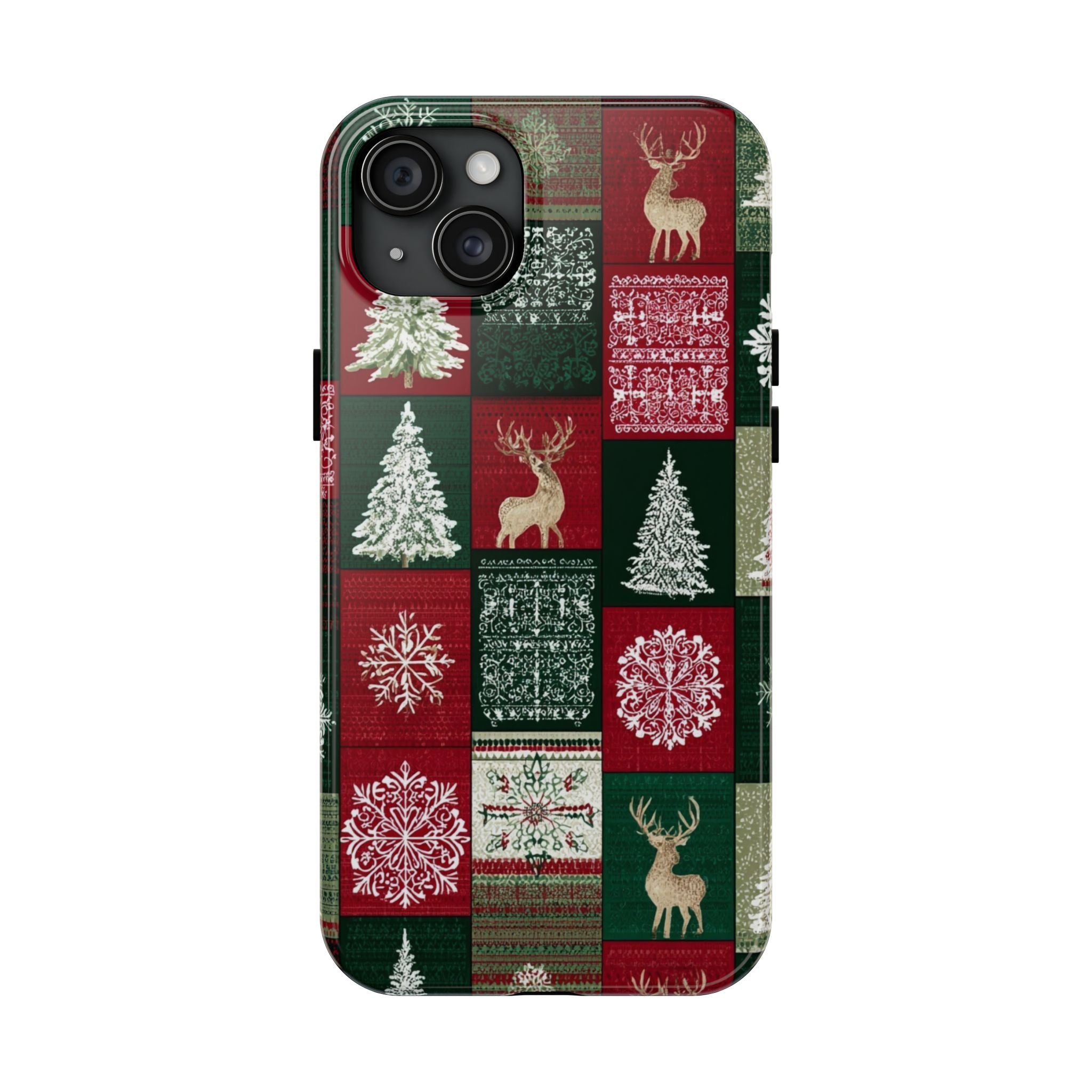 Festive Deer Pattern Phone Case — Red & Green Plaid with Snowflakes
