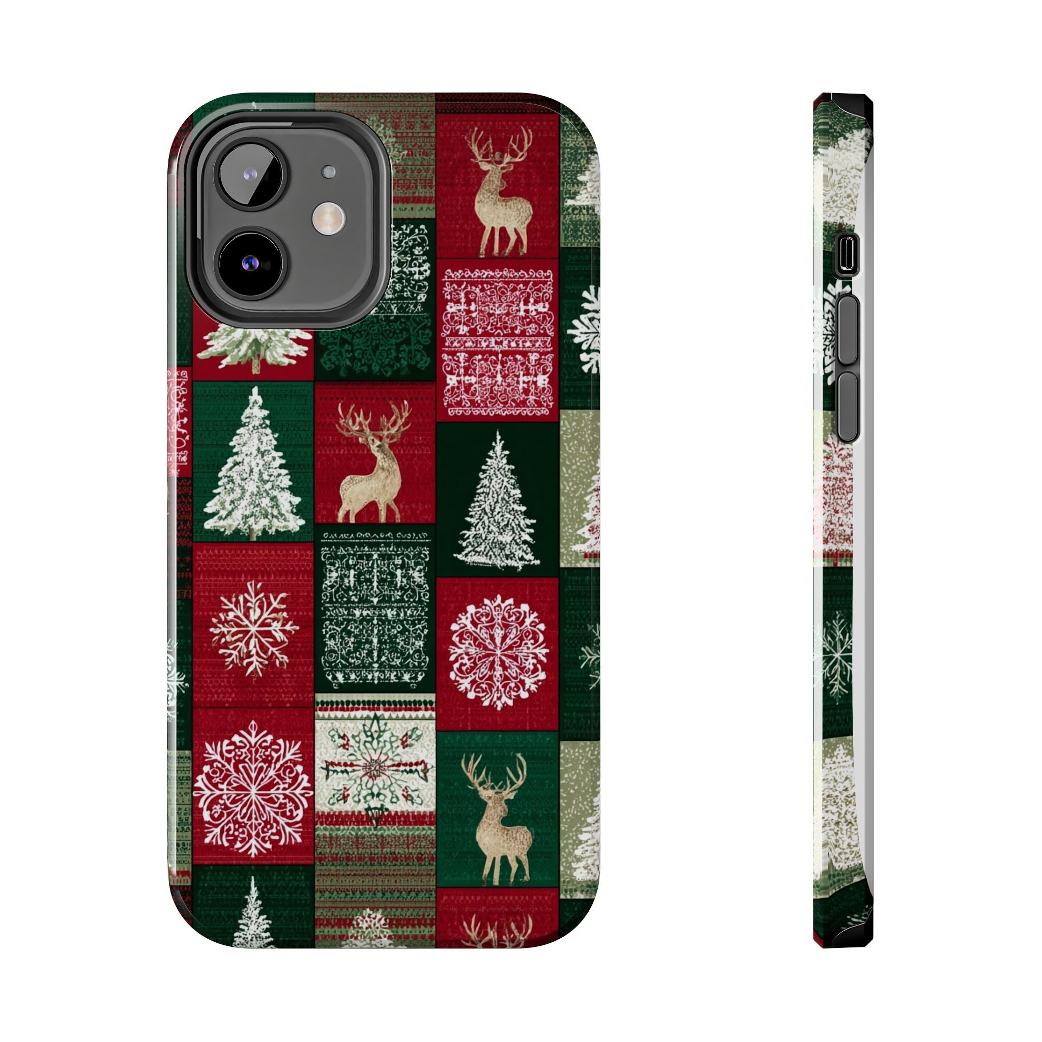 Festive Deer Pattern Phone Case — Red & Green Plaid with Snowflakes