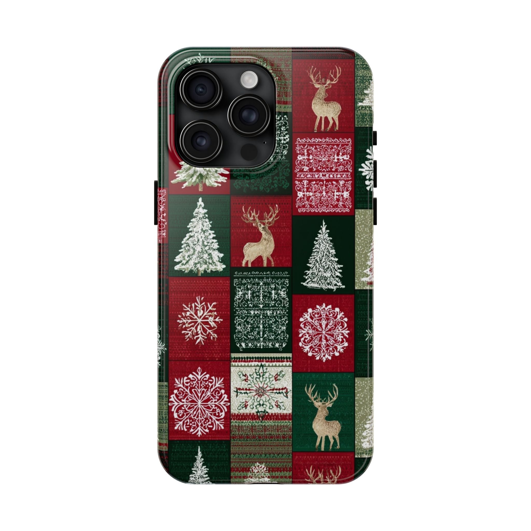 Festive Deer Pattern Phone Case — Red & Green Plaid with Snowflakes
