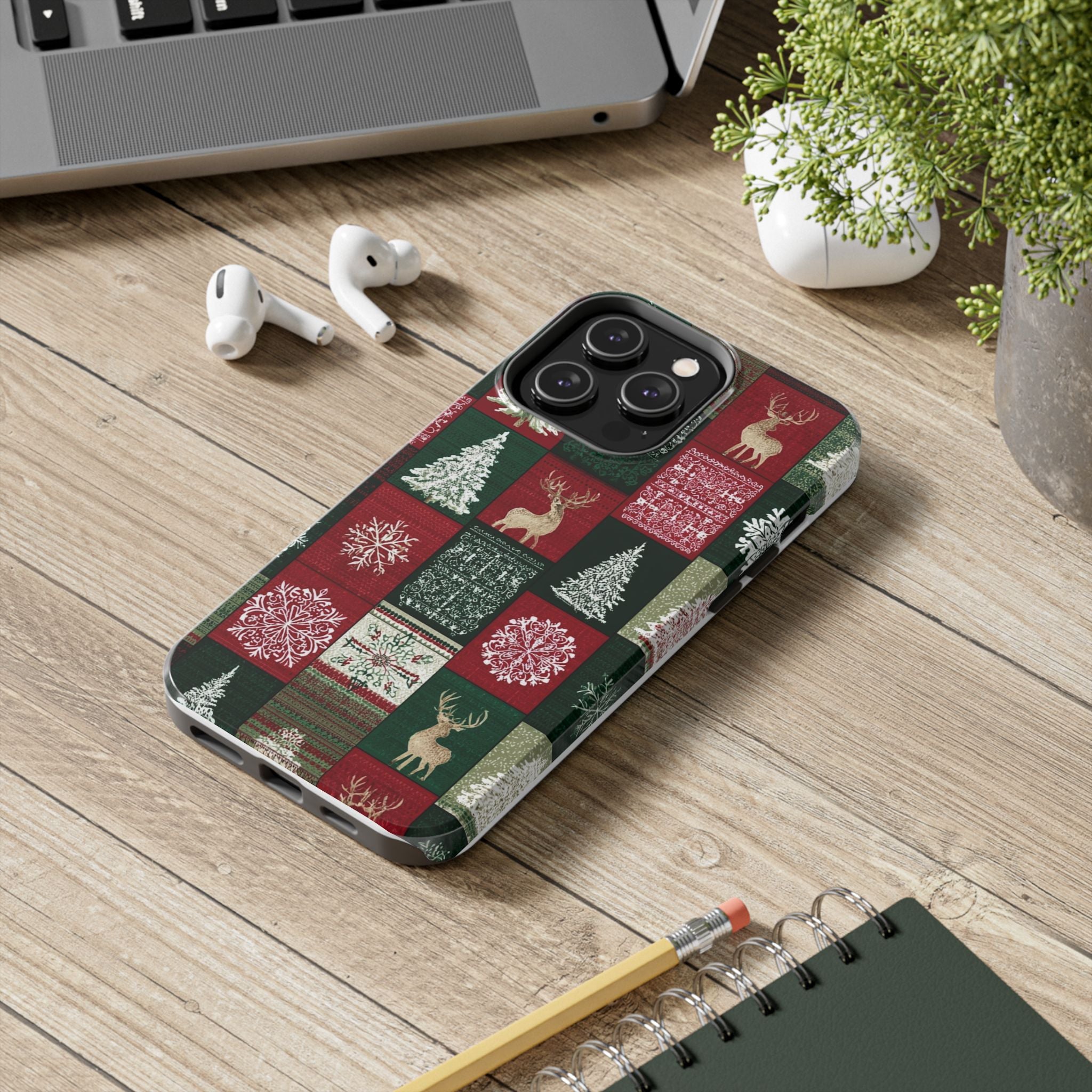 Festive Deer Pattern Phone Case — Red & Green Plaid with Snowflakes