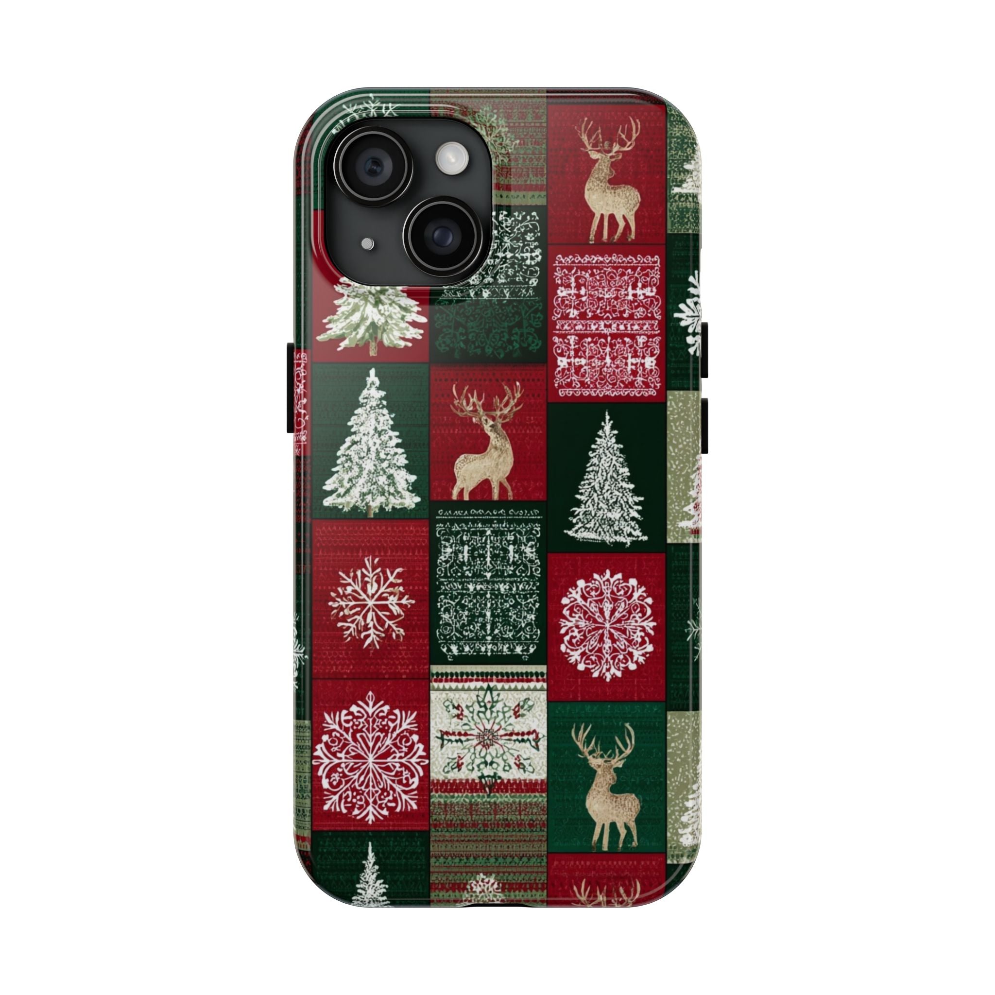Festive Deer Pattern Phone Case — Red & Green Plaid with Snowflakes