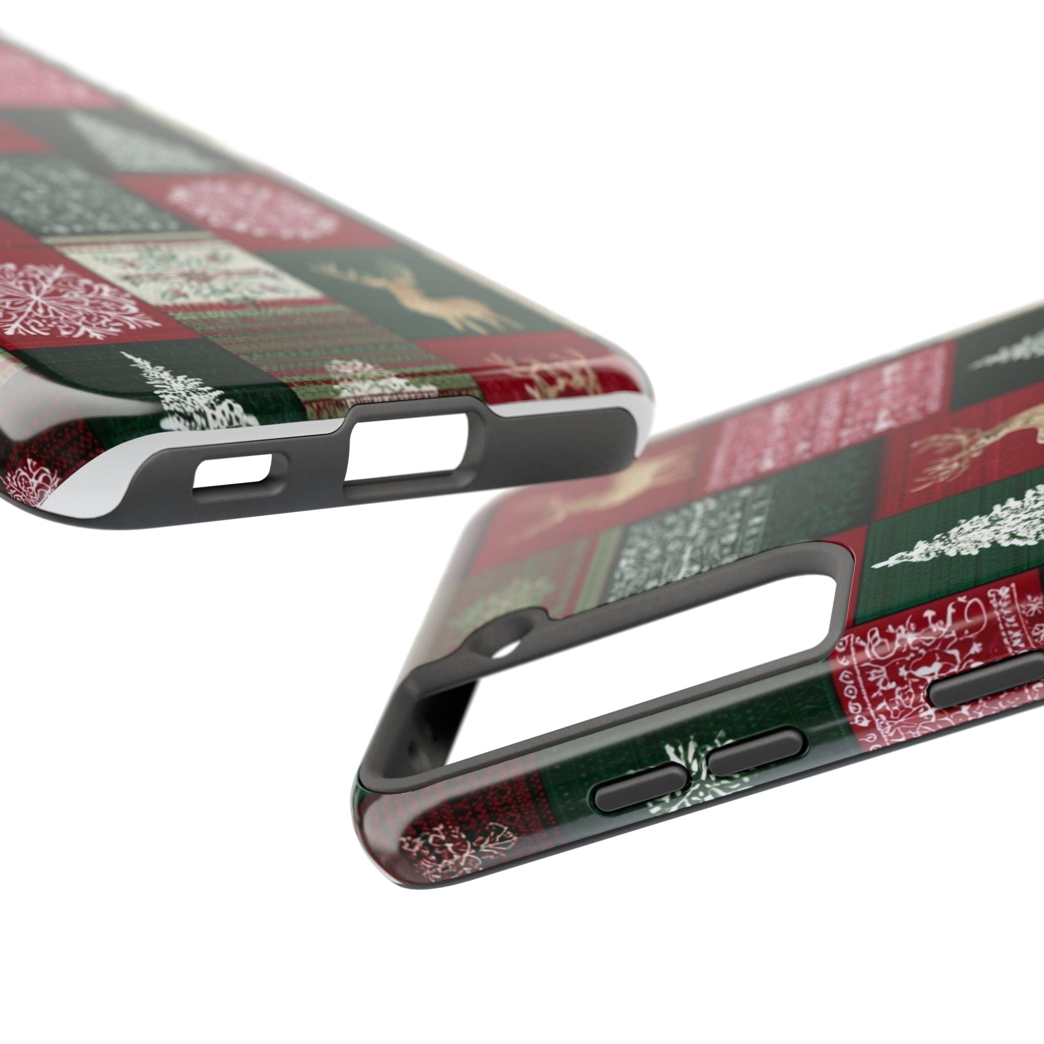 Festive Deer Pattern Phone Case — Red & Green Plaid with Snowflakes