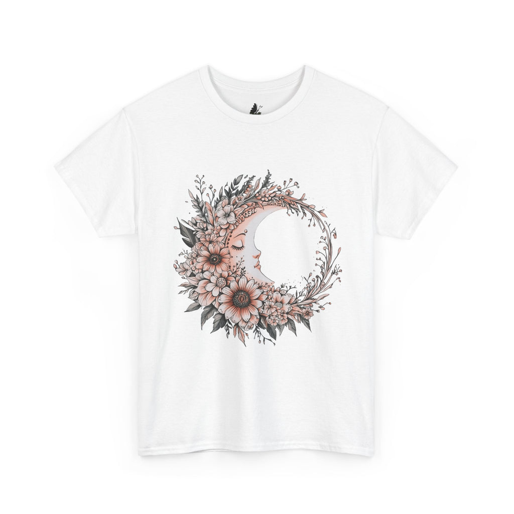 Boho Moon Floral Tee — Pink Moon with Flowers & Leaves