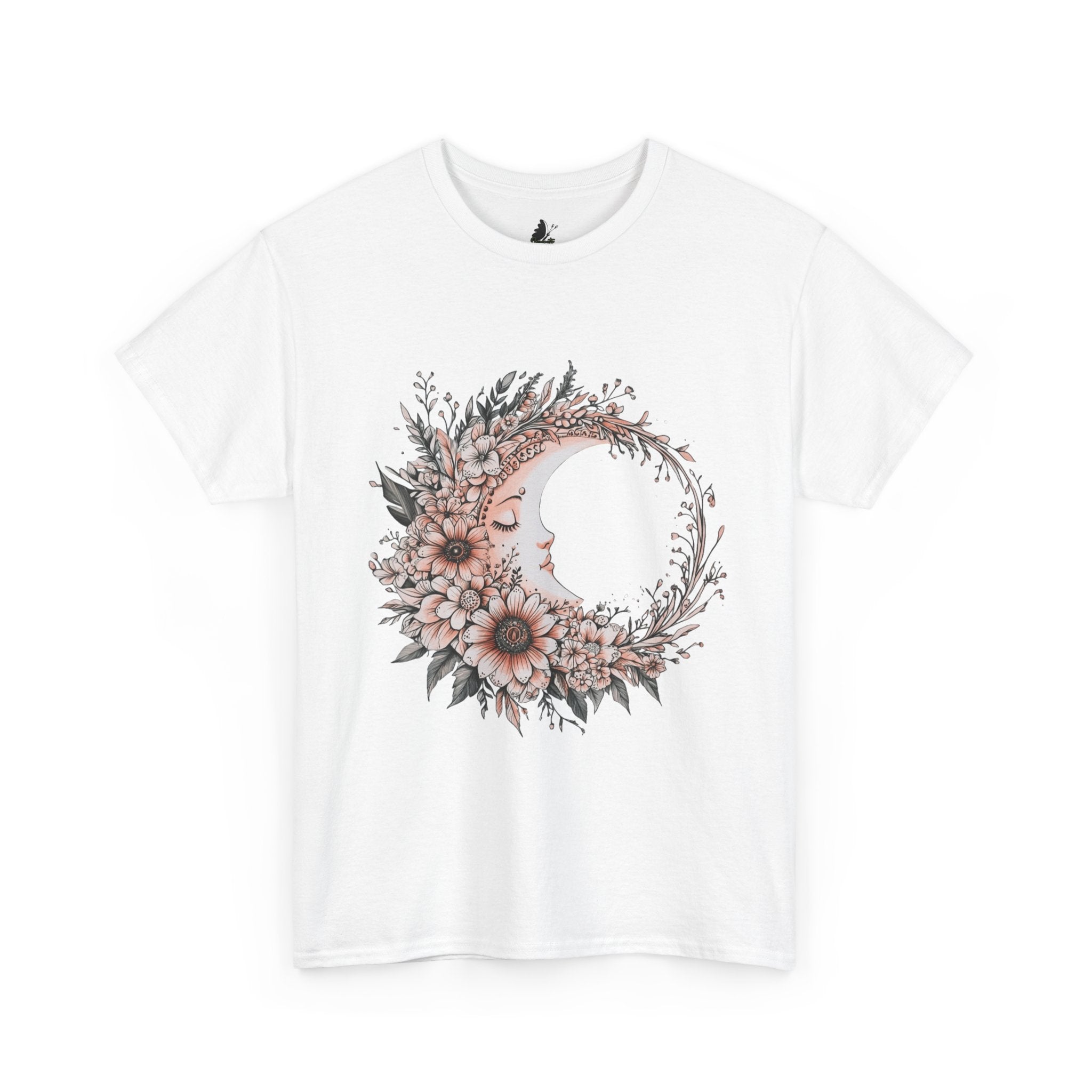 Boho Moon Floral Tee — Pink Moon with Flowers & Leaves