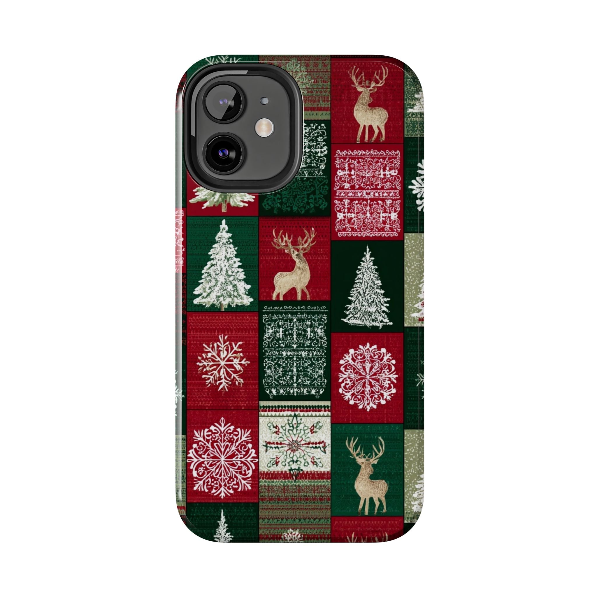 Festive Deer Pattern Phone Case — Red & Green Plaid with Snowflakes