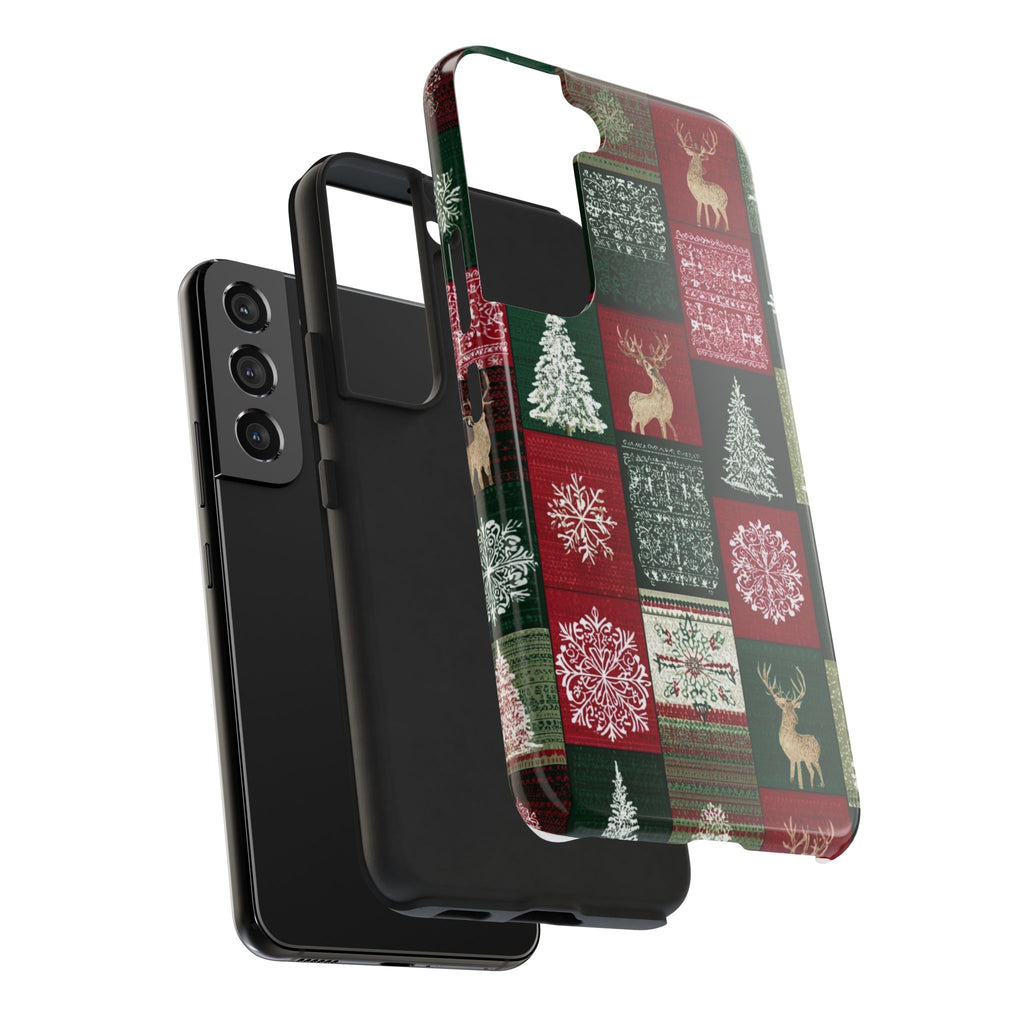Festive Deer Pattern Phone Case — Red & Green Plaid with Snowflakes