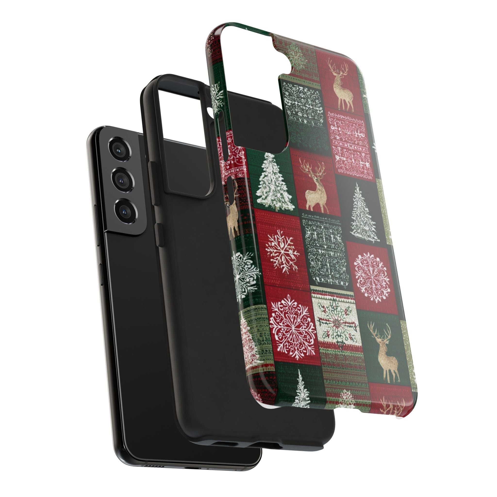 Festive Deer Pattern Phone Case — Red & Green Plaid with Snowflakes
