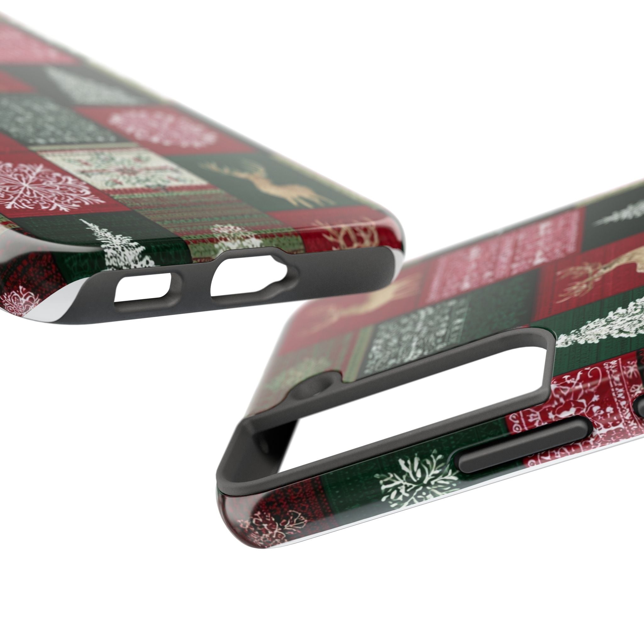 Festive Deer Pattern Phone Case — Red & Green Plaid with Snowflakes