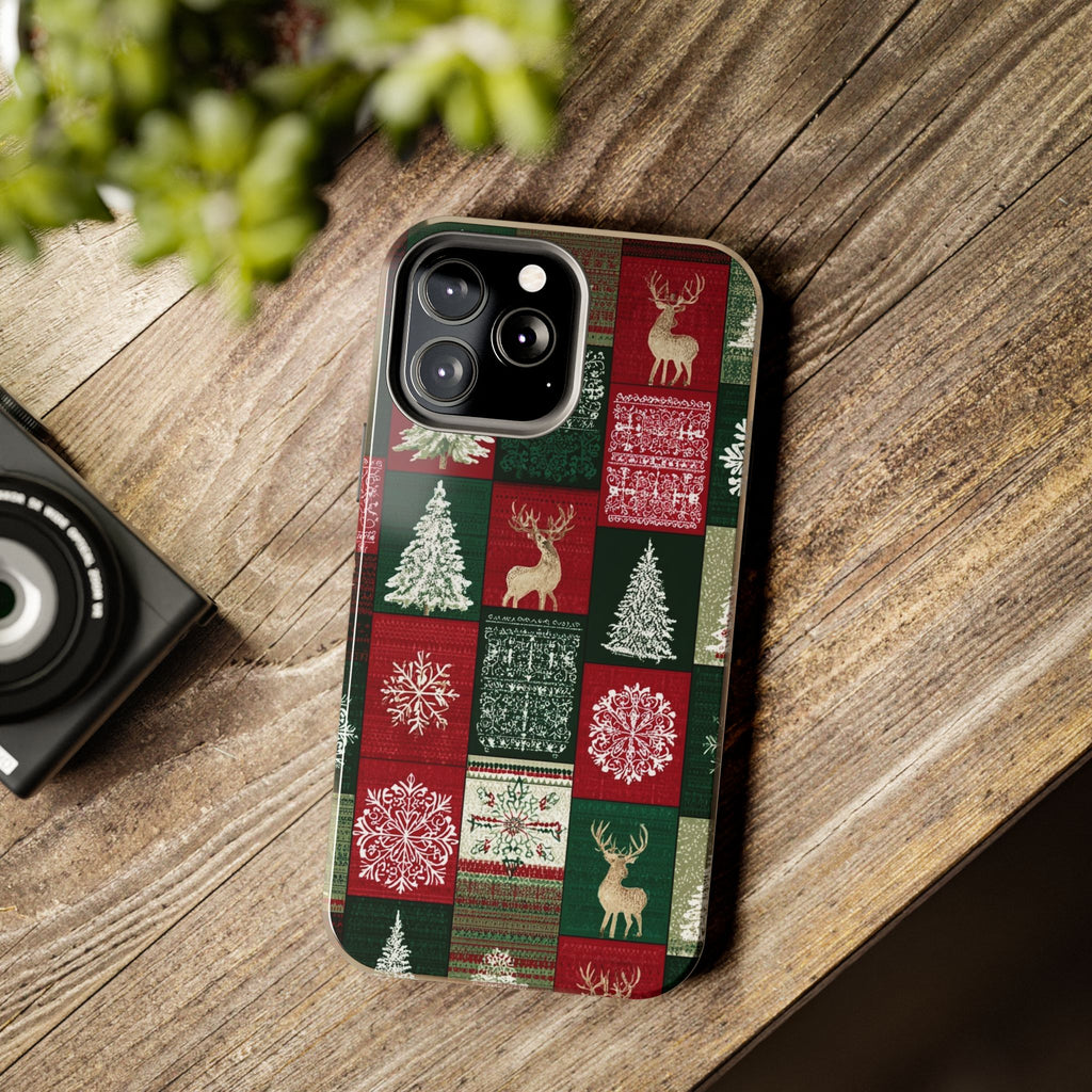 Festive Deer Pattern Phone Case — Red & Green Plaid with Snowflakes