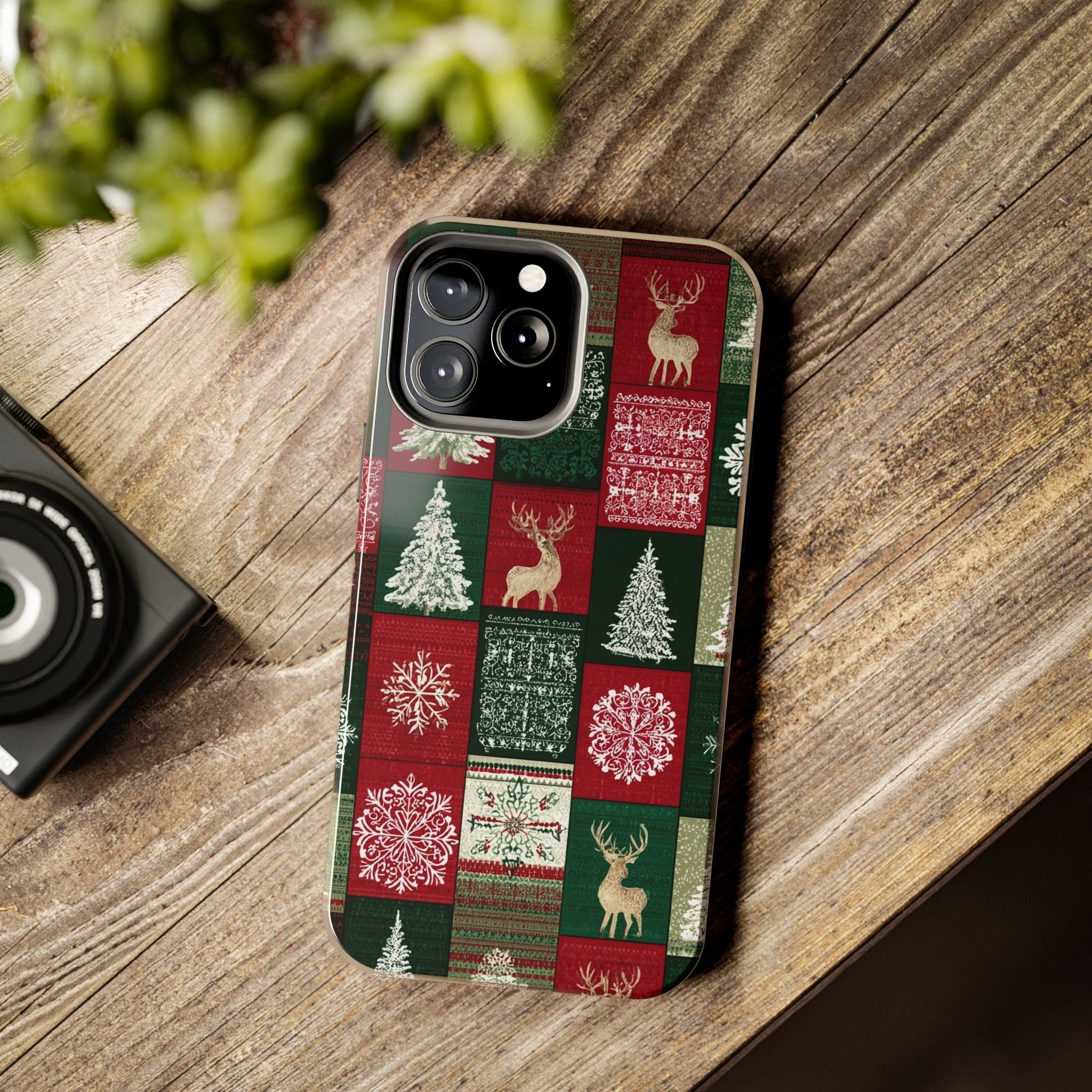 Festive Deer Pattern Phone Case — Red & Green Plaid with Snowflakes