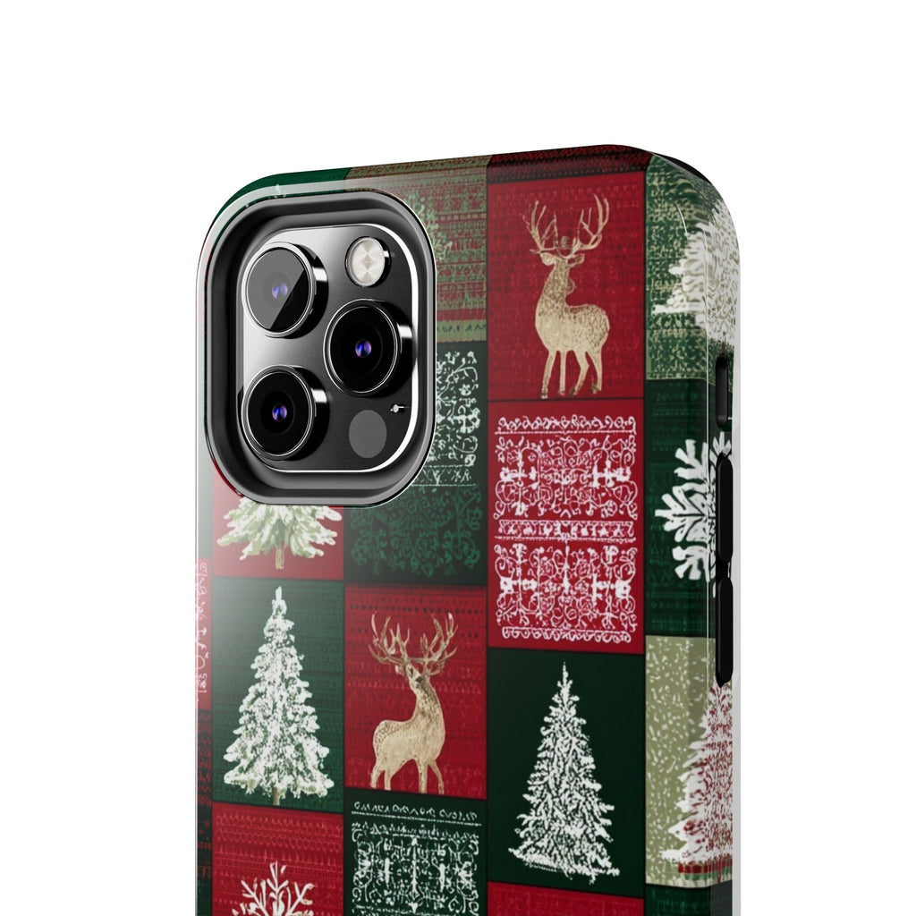 Festive Deer Pattern Phone Case — Red & Green Plaid with Snowflakes
