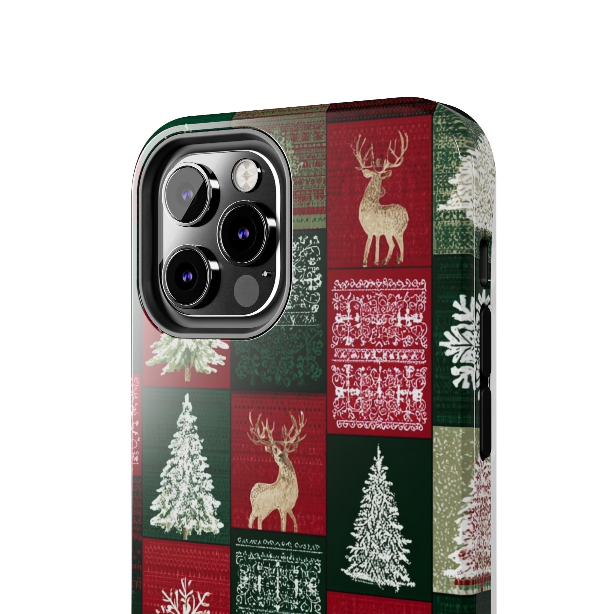 Festive Deer Pattern Phone Case — Red & Green Plaid with Snowflakes