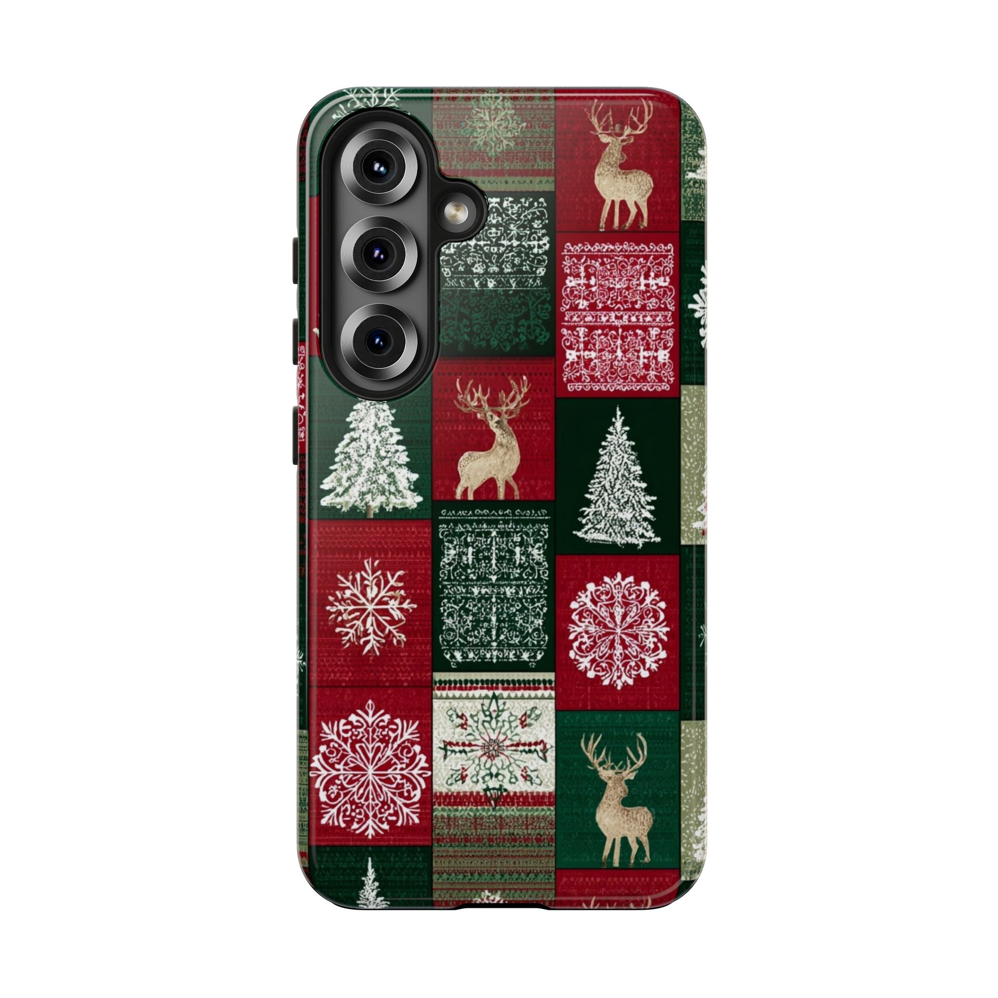 Festive Deer Pattern Phone Case — Red & Green Plaid with Snowflakes