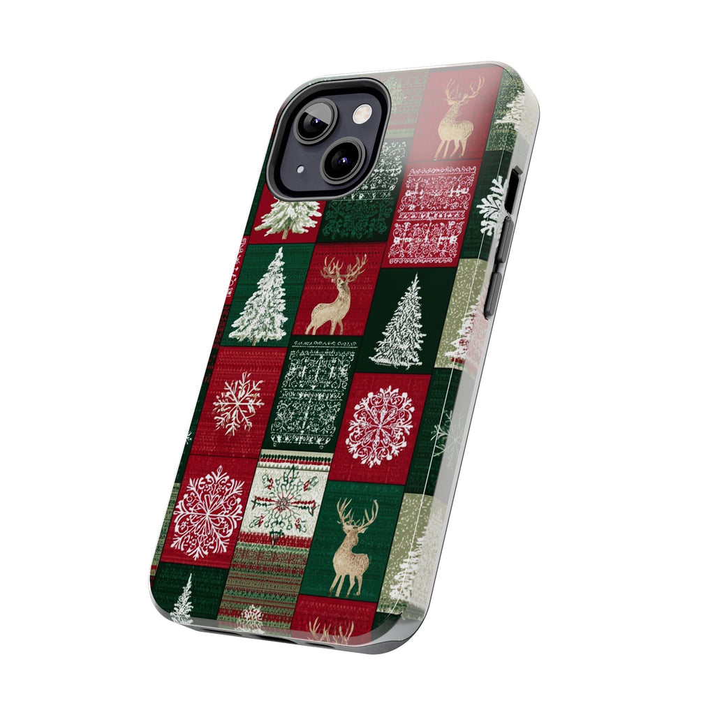 Festive Deer Pattern Phone Case — Red & Green Plaid with Snowflakes