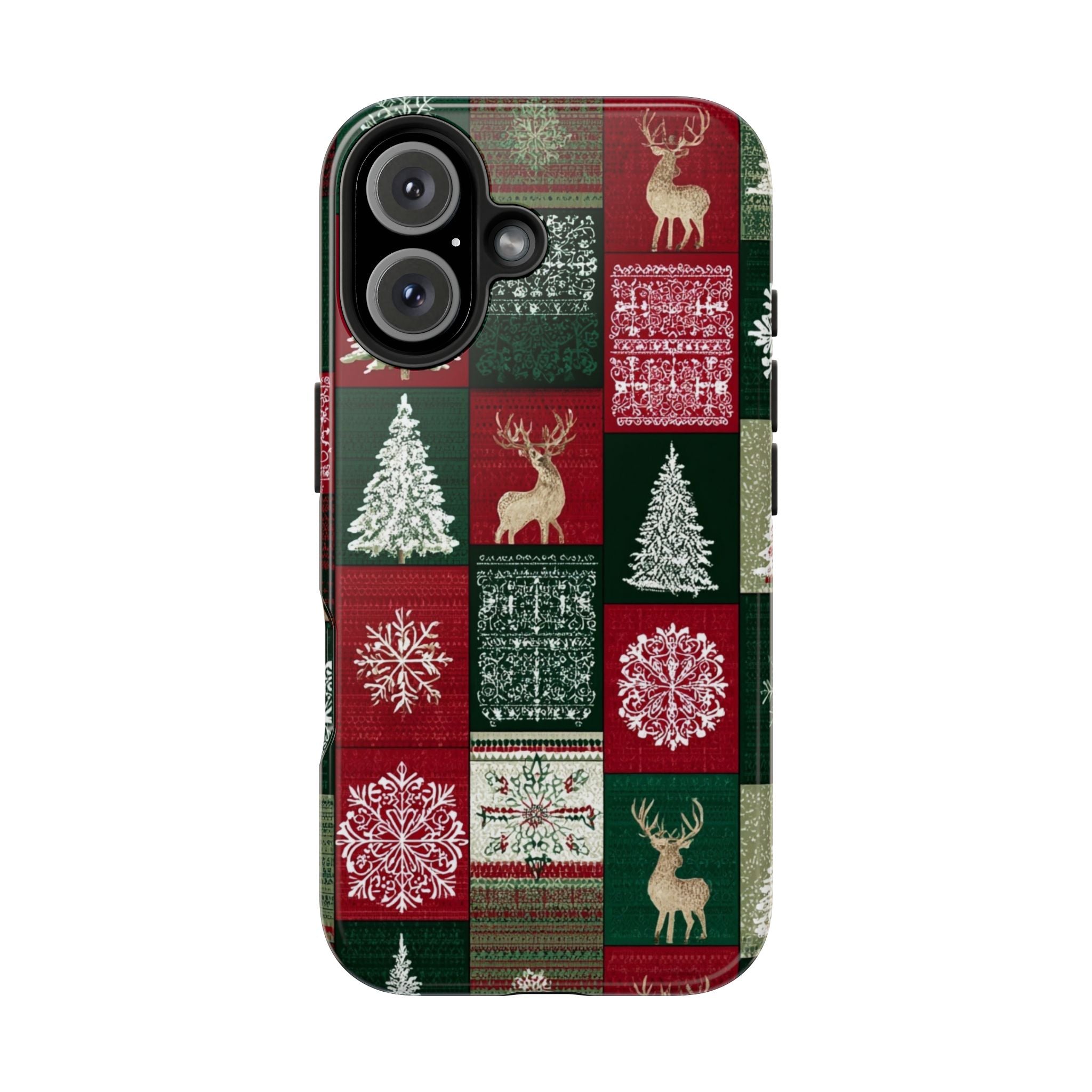 Festive Deer Pattern Phone Case — Red & Green Plaid with Snowflakes