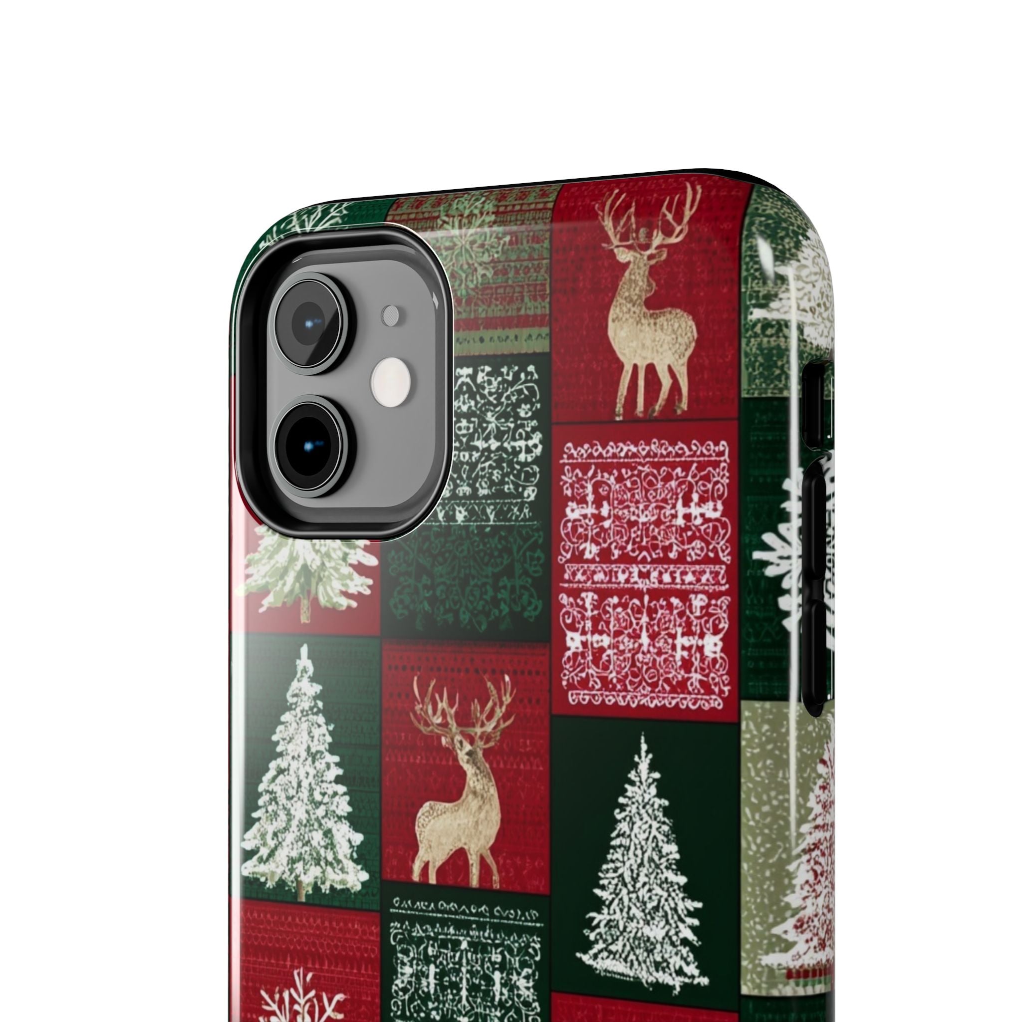 Festive Deer Pattern Phone Case — Red & Green Plaid with Snowflakes