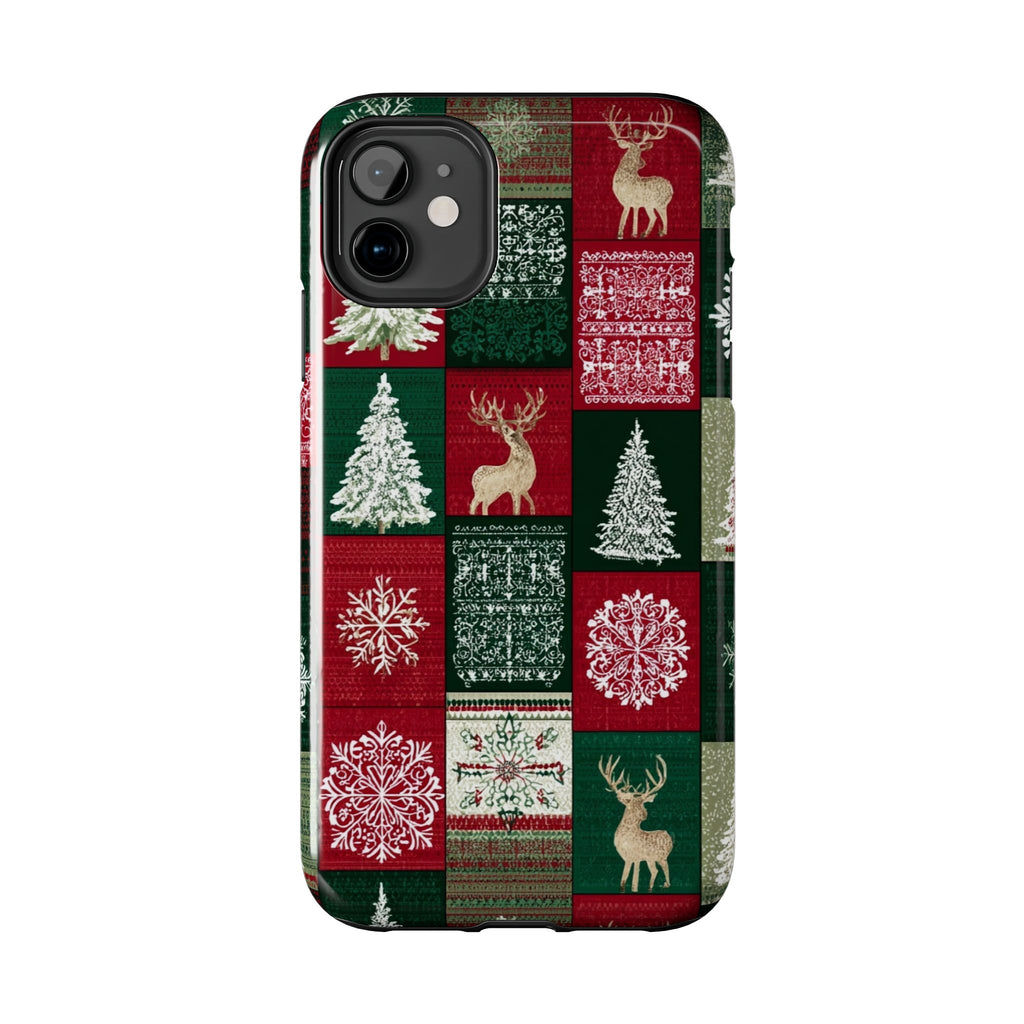Festive Deer Pattern Phone Case — Red & Green Plaid with Snowflakes