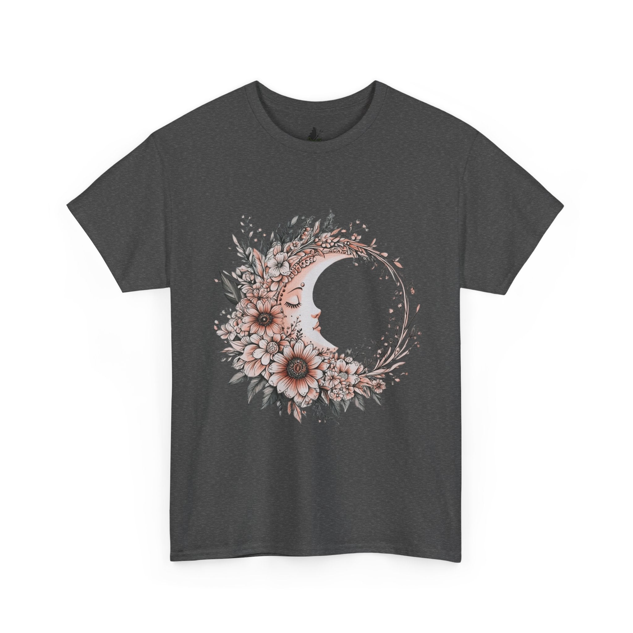 Boho Moon Floral Tee — Pink Moon with Flowers & Leaves