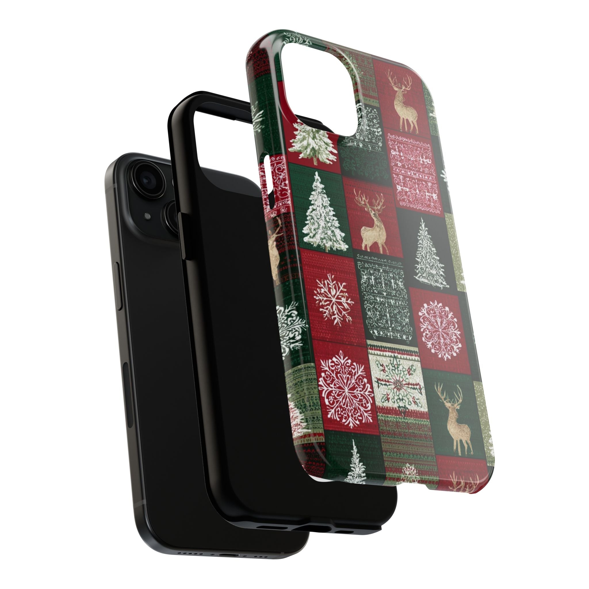 Festive Deer Pattern Phone Case — Red & Green Plaid with Snowflakes