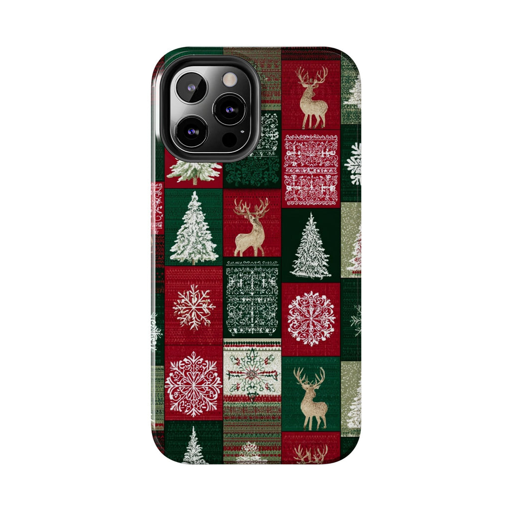 Festive Deer Pattern Phone Case — Red & Green Plaid with Snowflakes