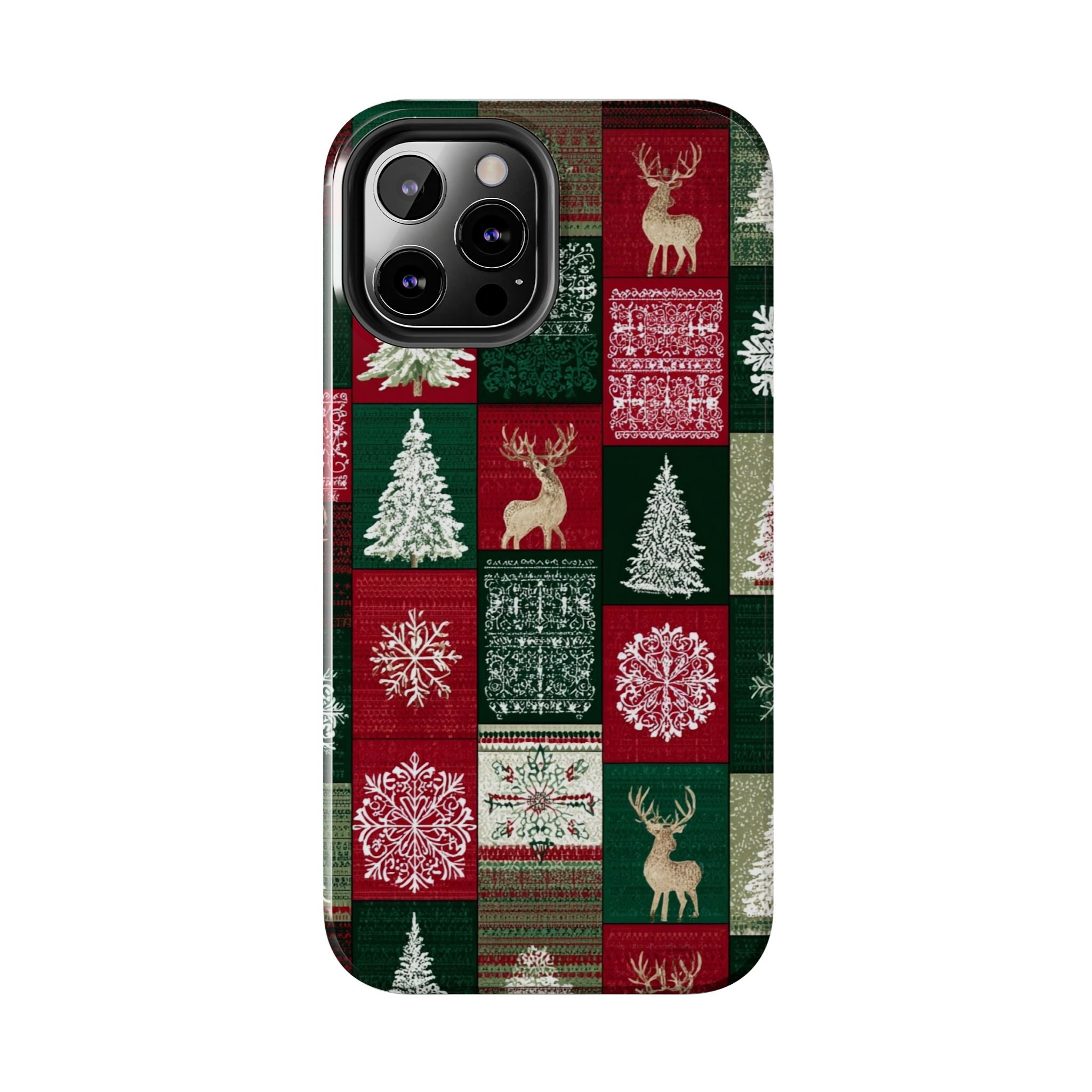 Festive Deer Pattern Phone Case — Red & Green Plaid with Snowflakes