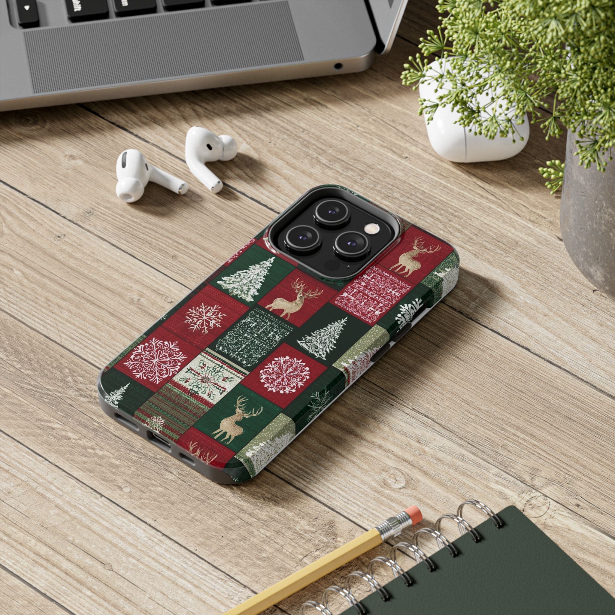 Festive Deer Pattern Phone Case — Red & Green Plaid with Snowflakes