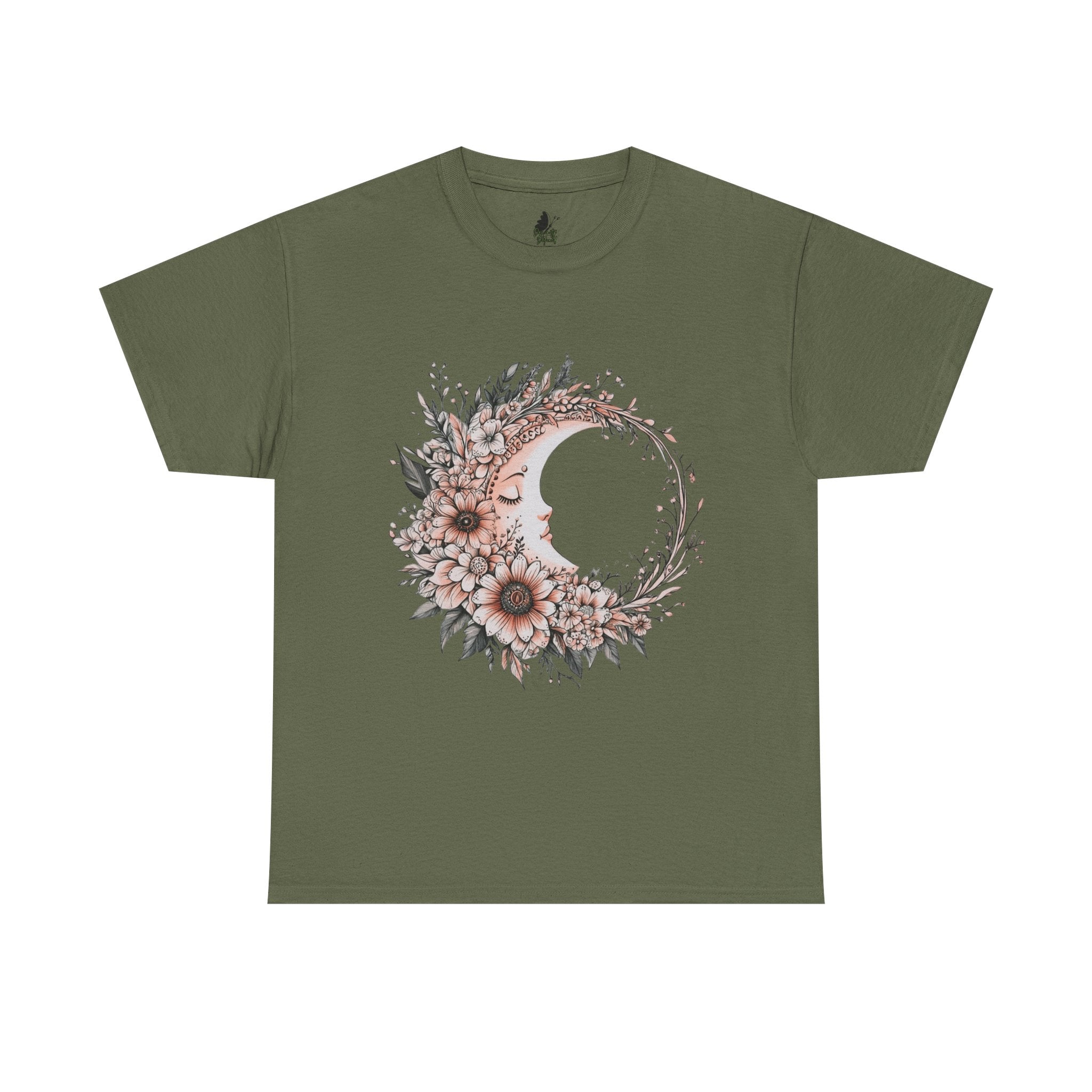 Boho Moon Floral Tee — Pink Moon with Flowers & Leaves