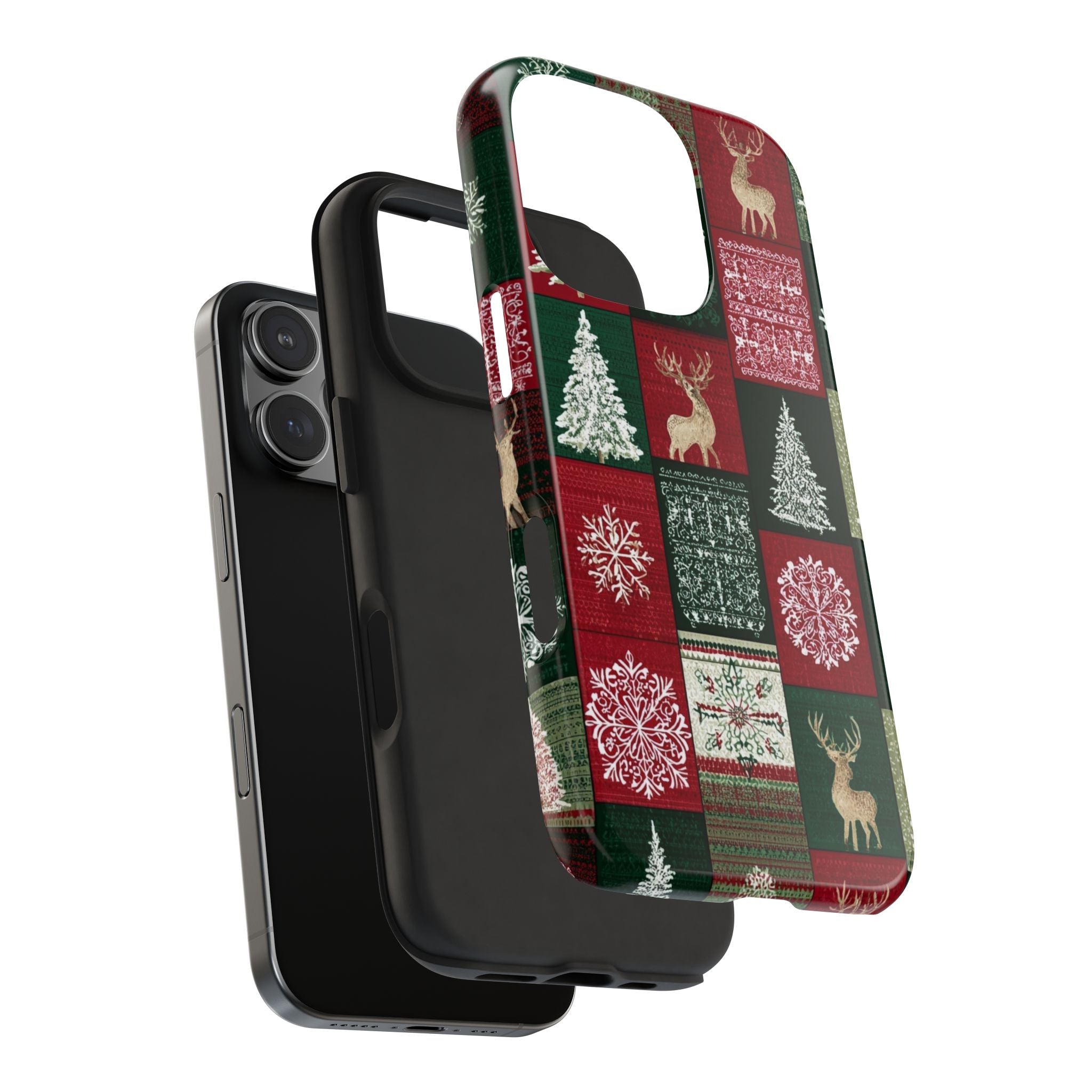 Festive Deer Pattern Phone Case — Red & Green Plaid with Snowflakes