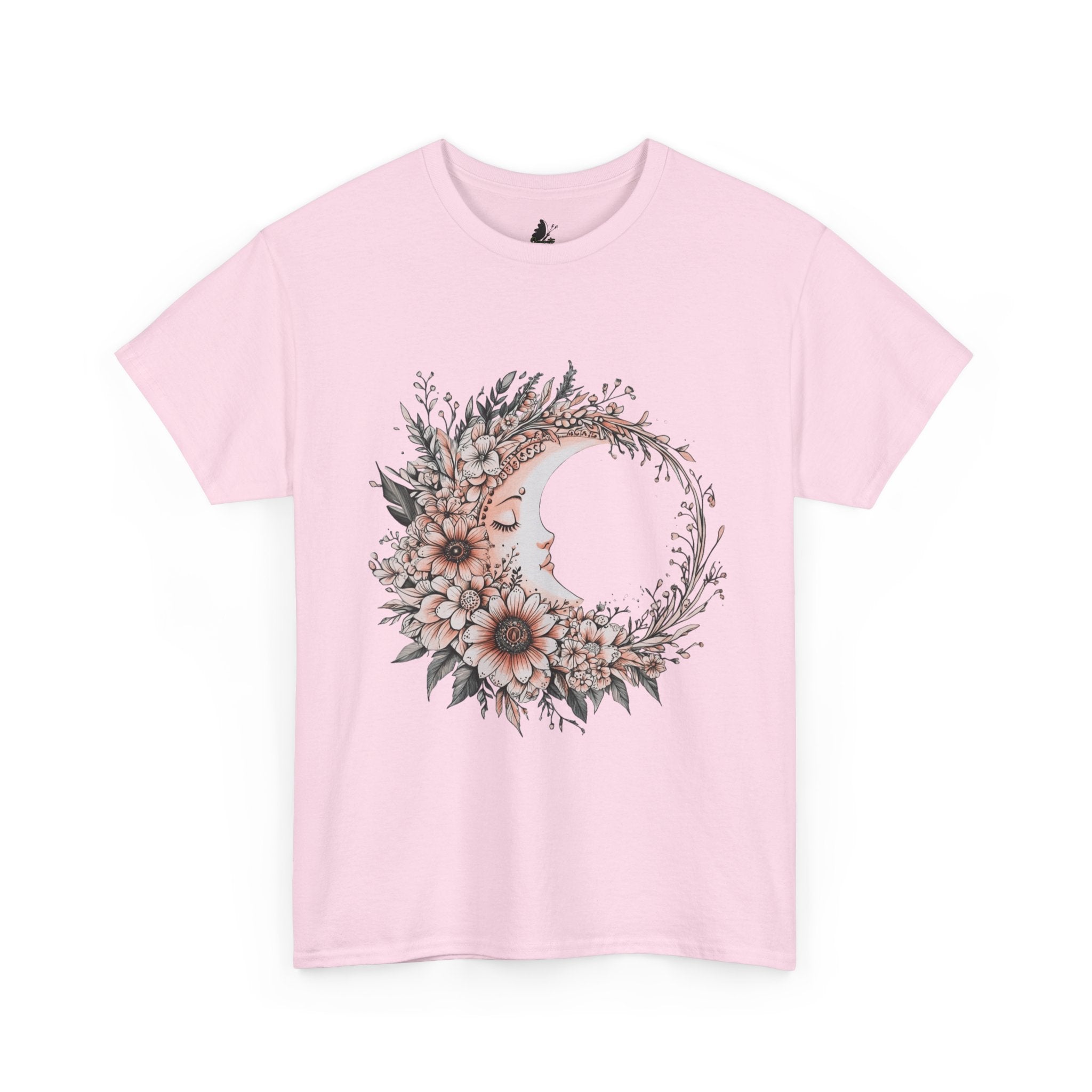 Boho Moon Floral Tee — Pink Moon with Flowers & Leaves