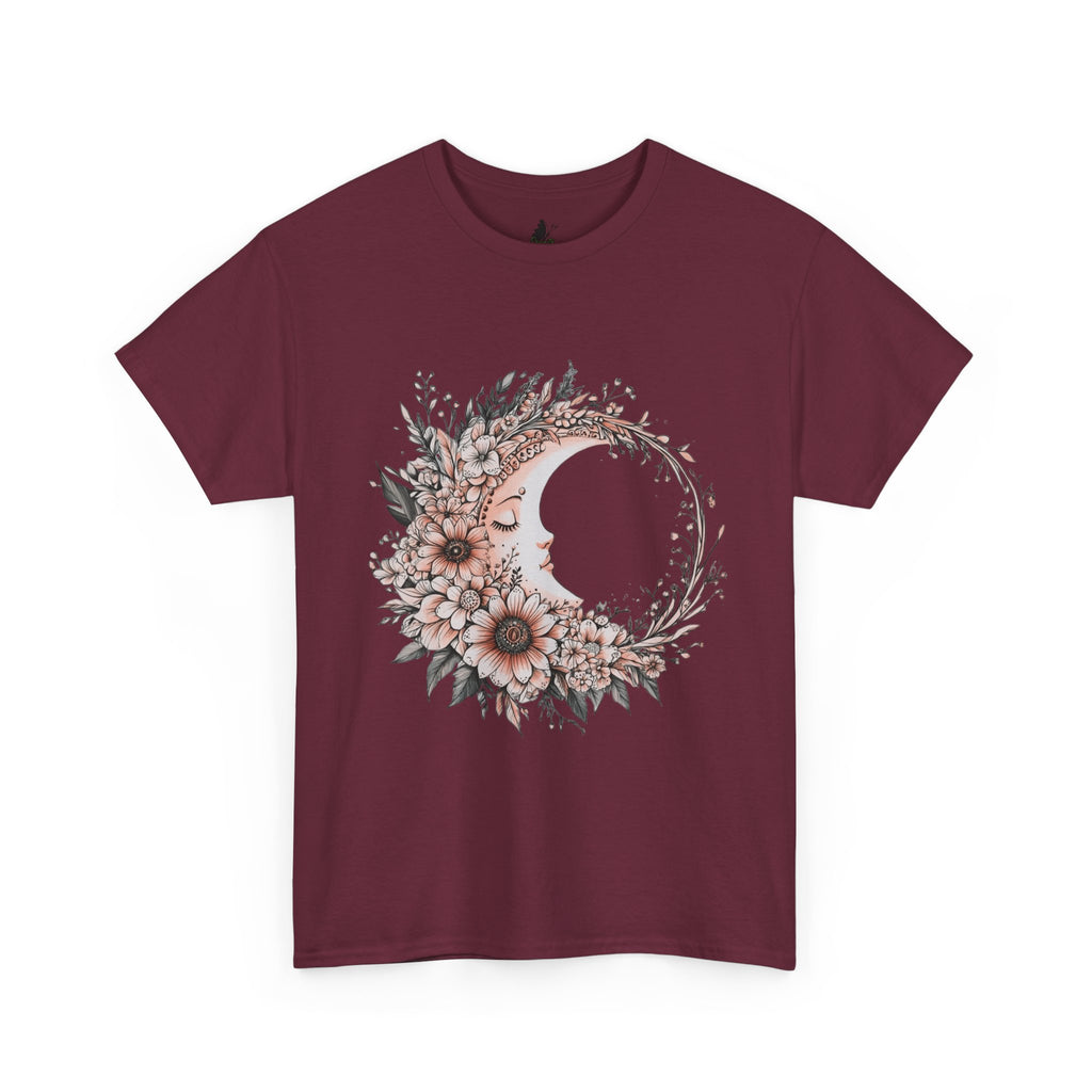 Boho Moon Floral Tee — Pink Moon with Flowers & Leaves