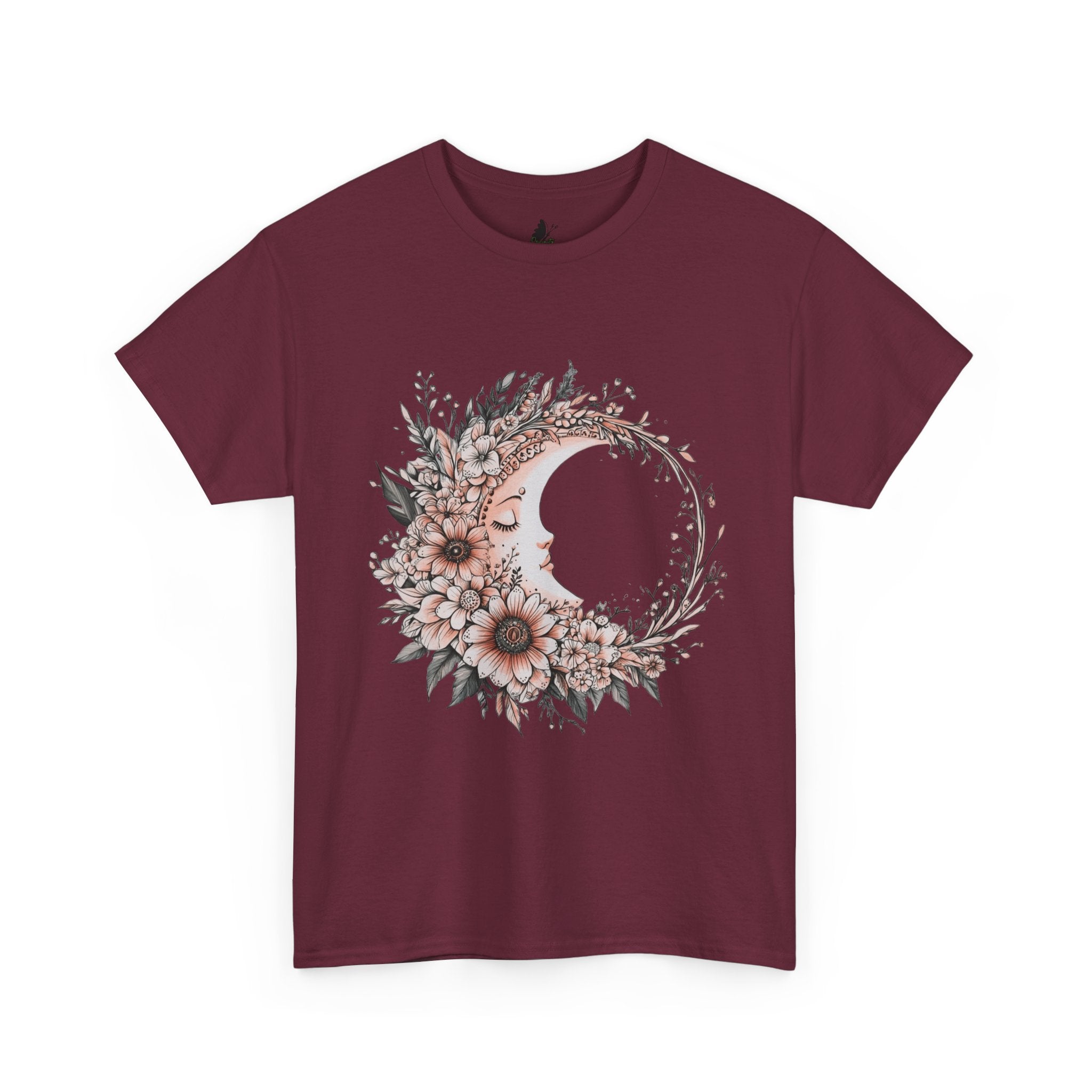 Boho Moon Floral Tee — Pink Moon with Flowers & Leaves