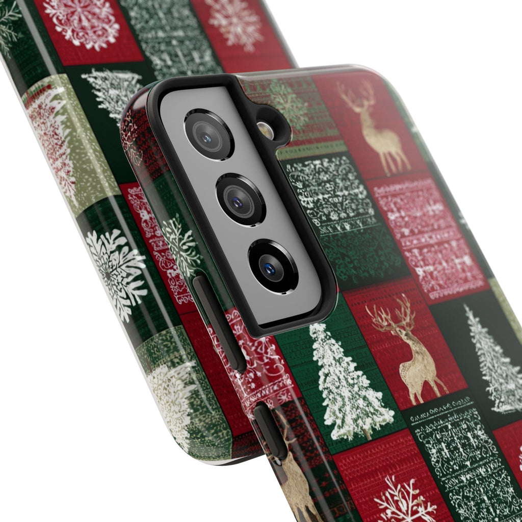 Festive Deer Pattern Phone Case — Red & Green Plaid with Snowflakes