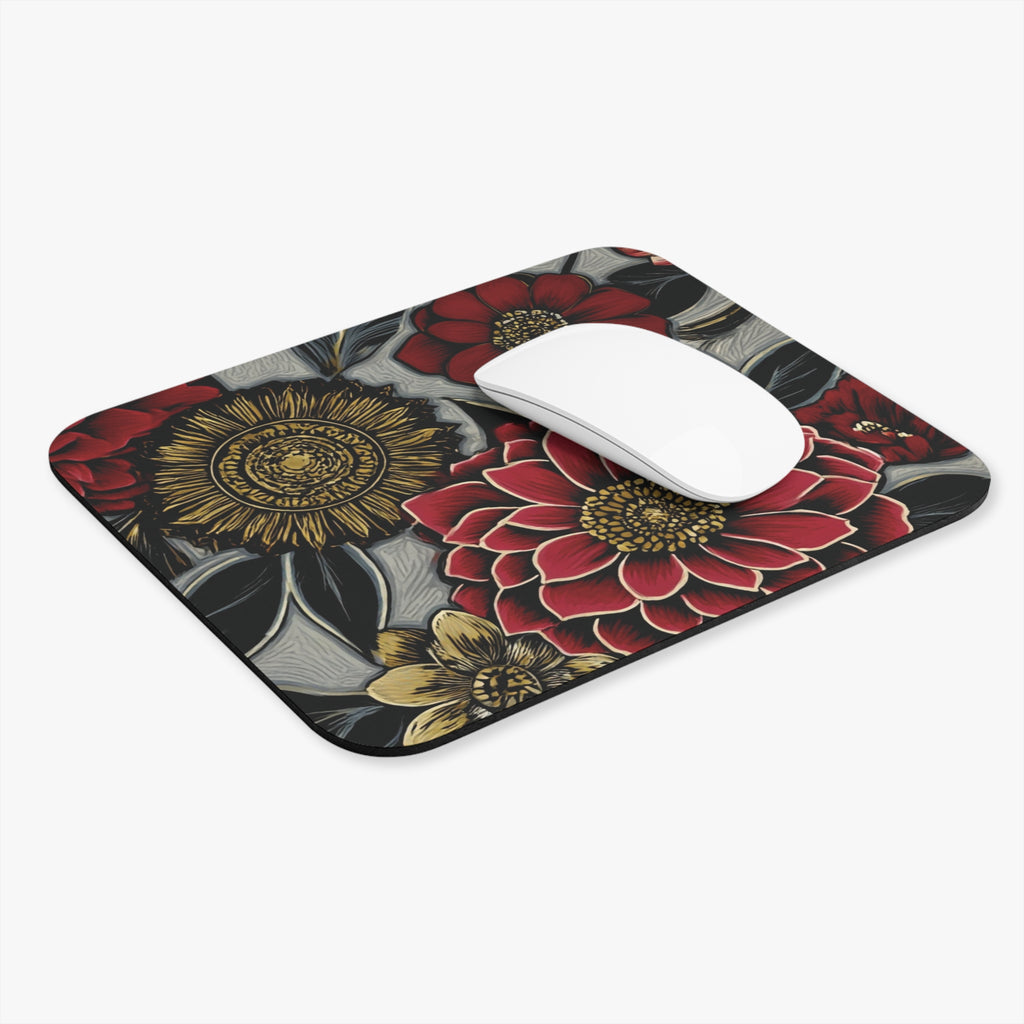 Floral Noir Gaming Mouse Pad — Red & Gold Botanical Desk Mat
