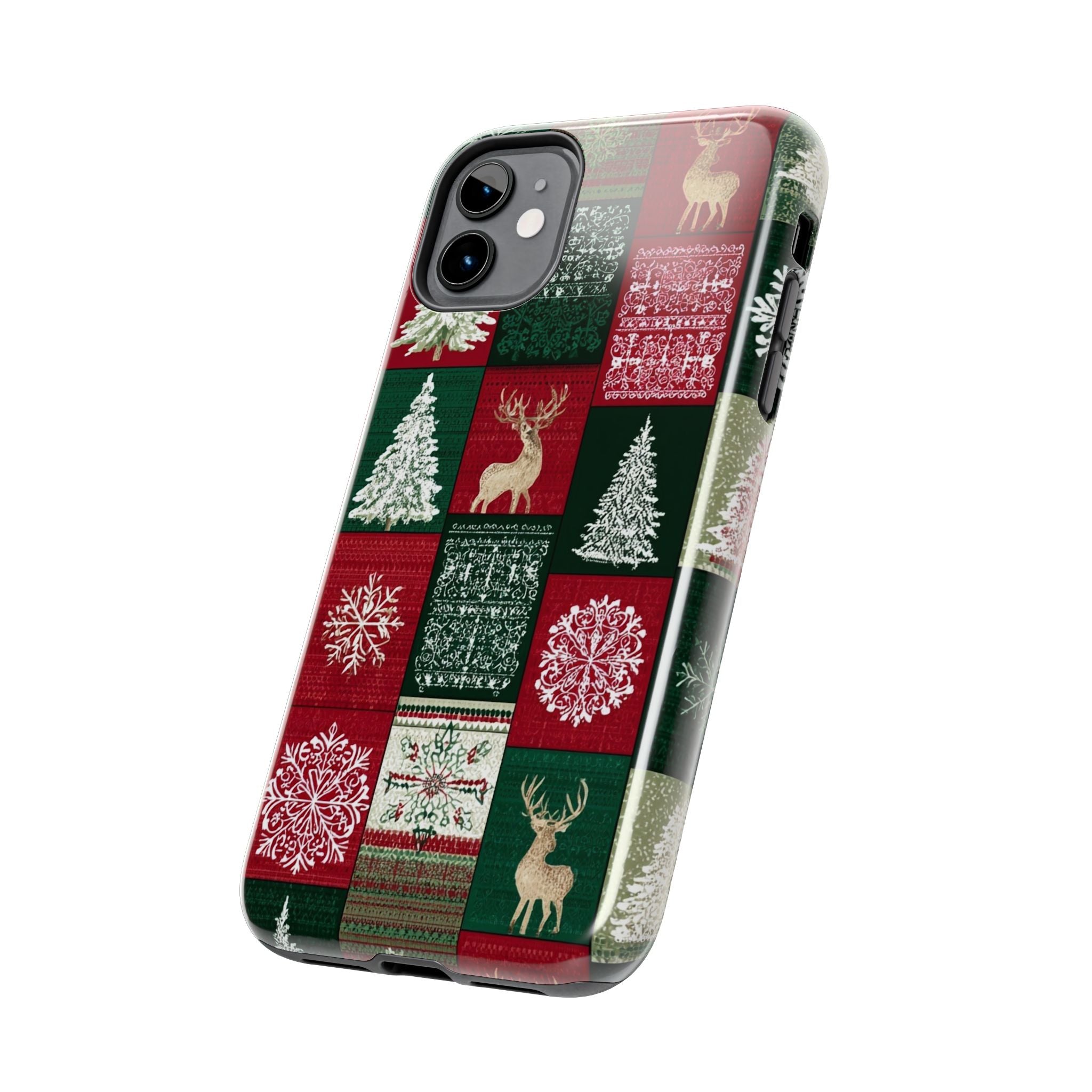 Festive Deer Pattern Phone Case — Red & Green Plaid with Snowflakes