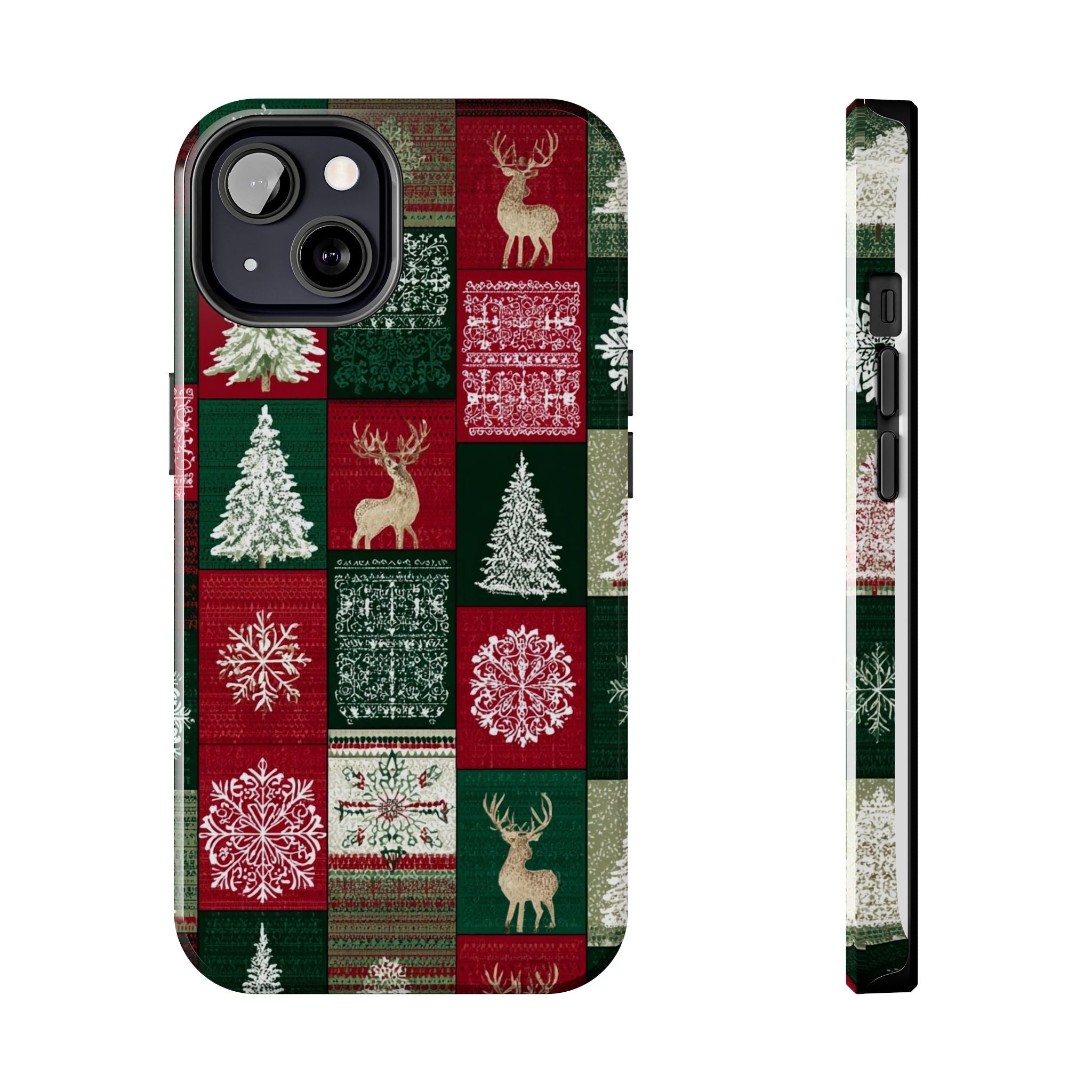 Festive Deer Pattern Phone Case — Red & Green Plaid with Snowflakes