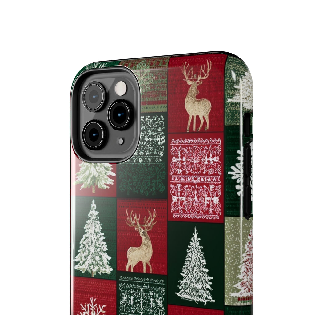 Festive Deer Pattern Phone Case — Red & Green Plaid with Snowflakes