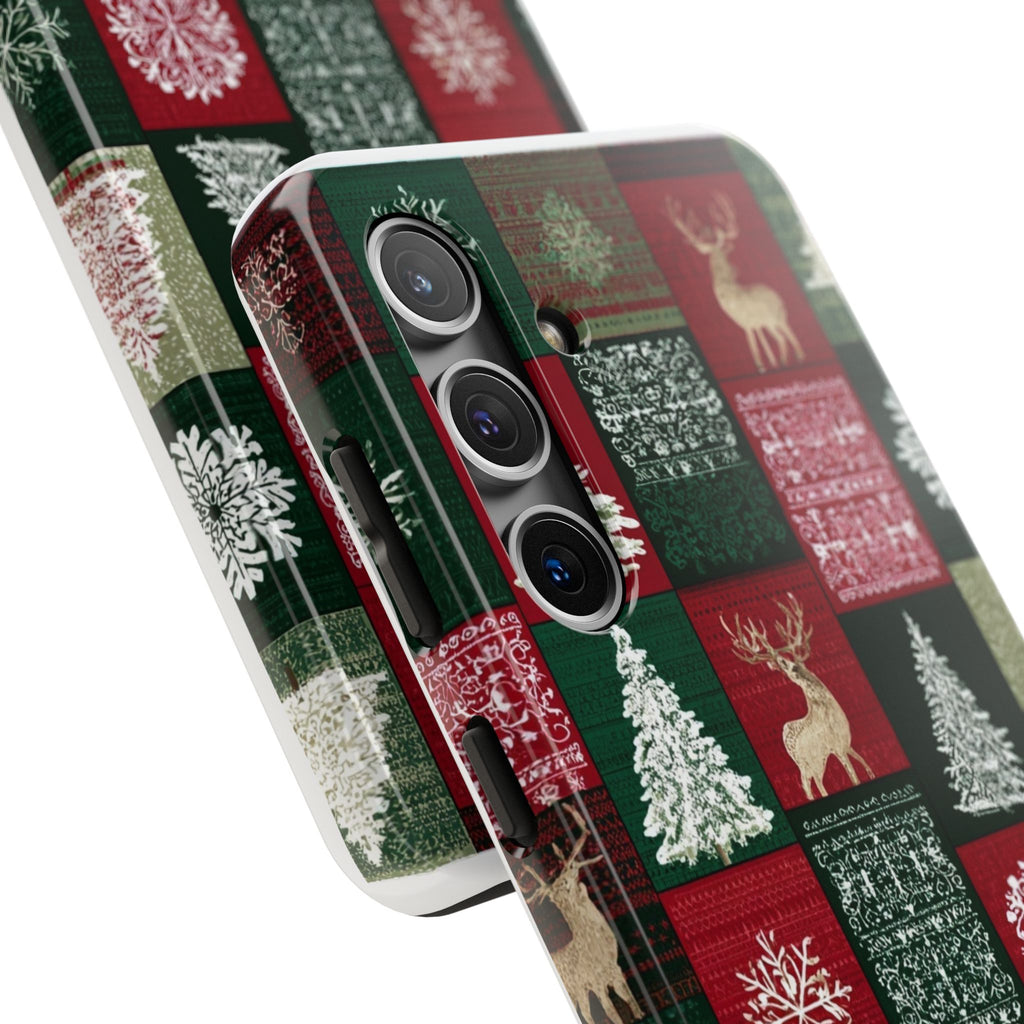 Festive Deer Pattern Phone Case — Red & Green Plaid with Snowflakes