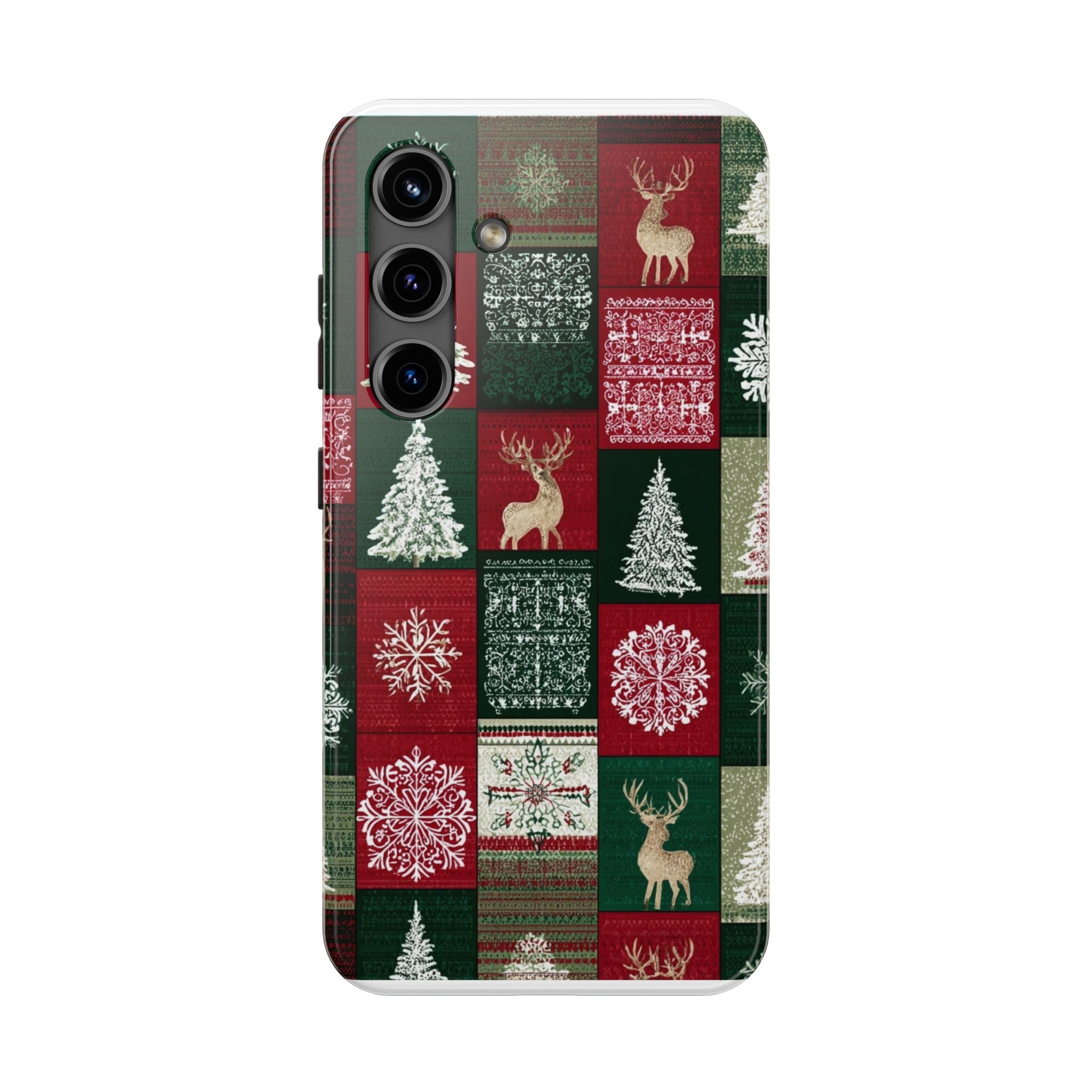 Festive Deer Pattern Phone Case — Red & Green Plaid with Snowflakes