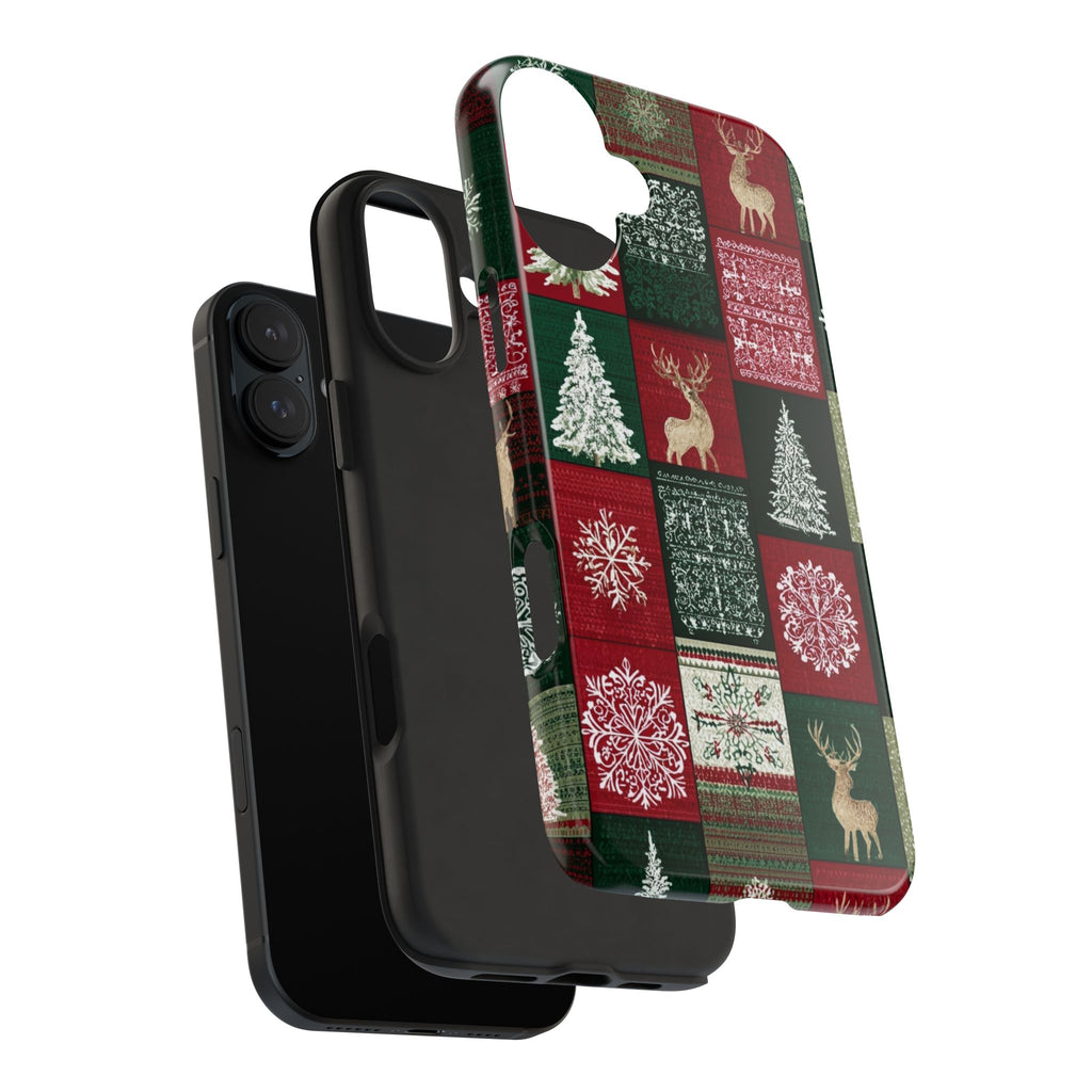 Festive Deer Pattern Phone Case — Red & Green Plaid with Snowflakes